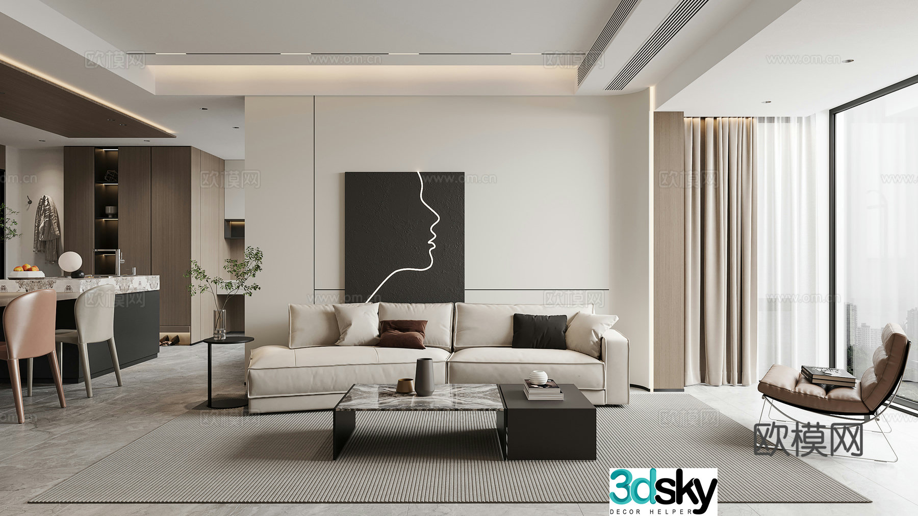 Modern minimalist living restaurant 3d model