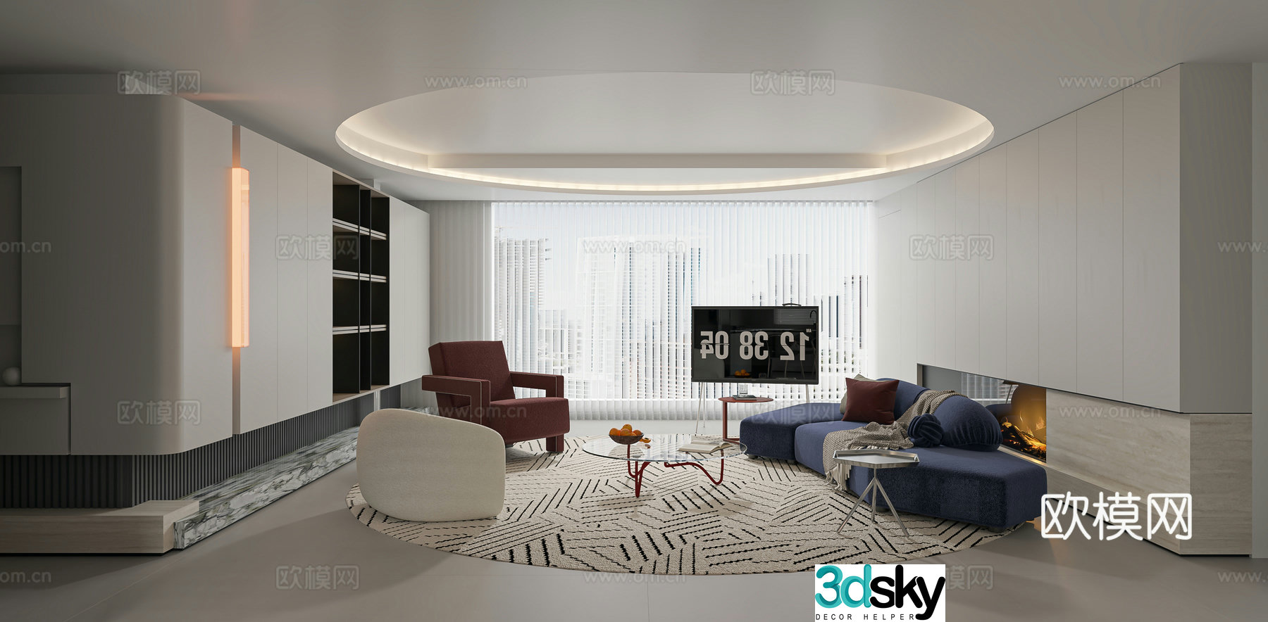 Modern large flat living and dining room kitchen 3d model