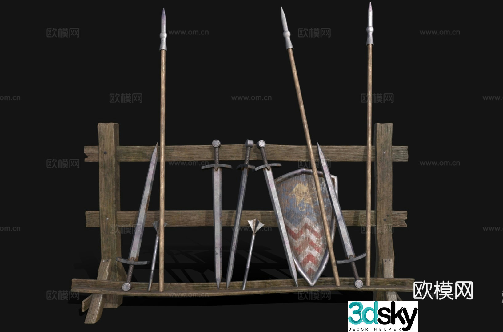 Military equipment European weapon combination Weapon stand European shield long sword spear 3d model