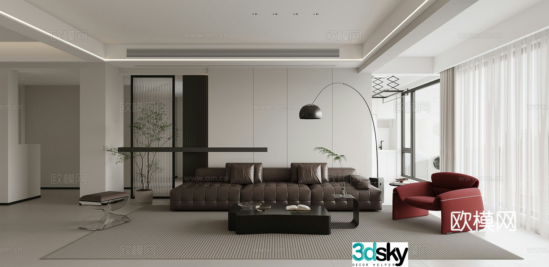 Modern simple black white and gray living room 3D model