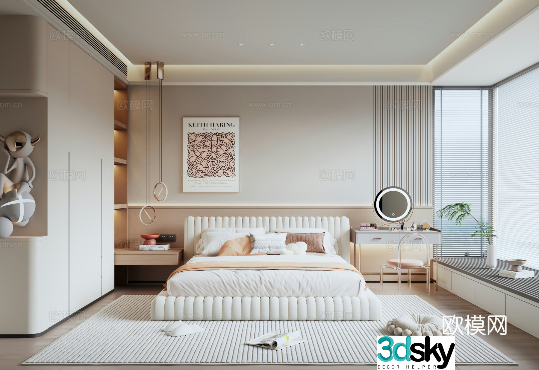 Modern minimalist bedroom double bed wardrobe dressing table bay window bedroom 3d model