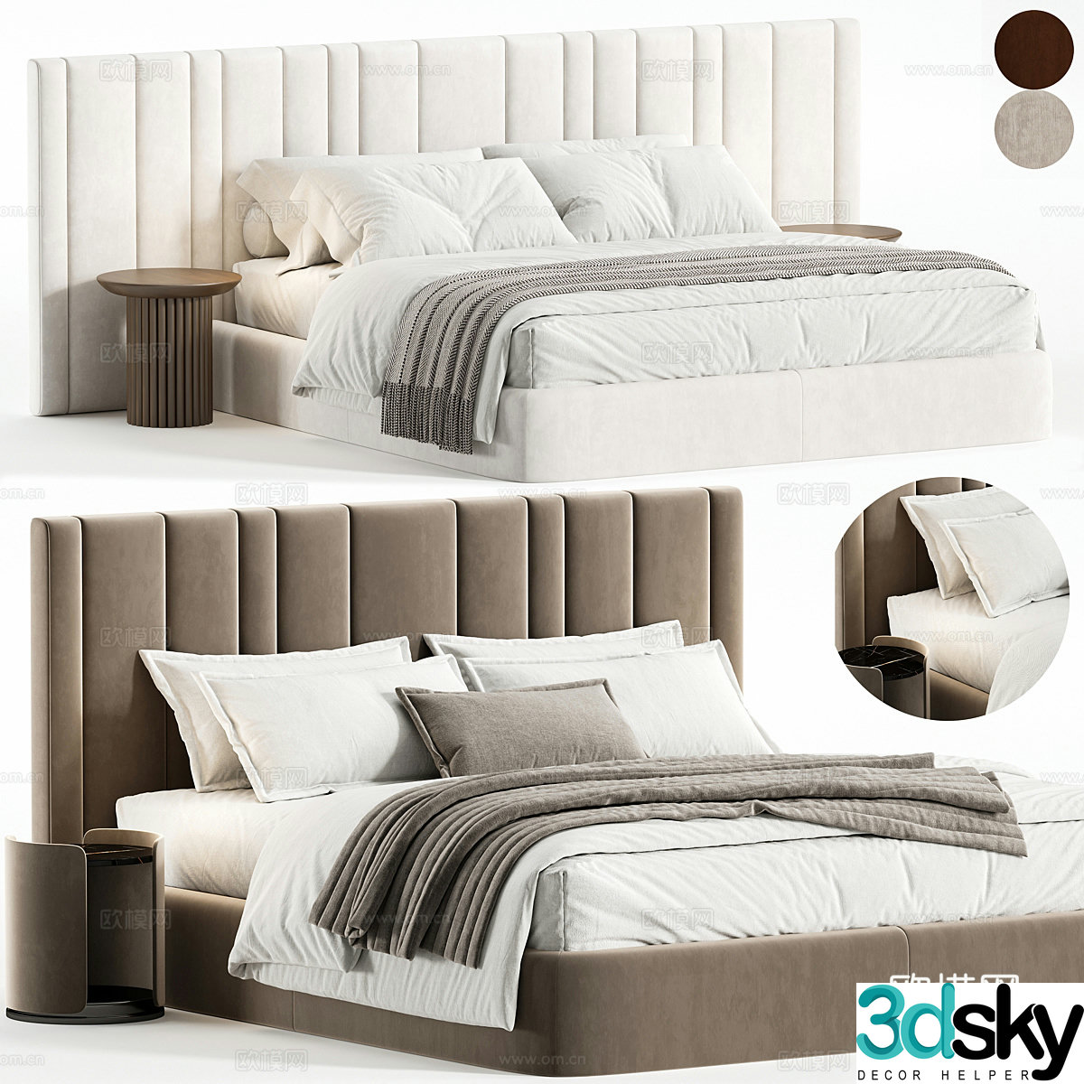 Modern cream style fabric double bed 3d model