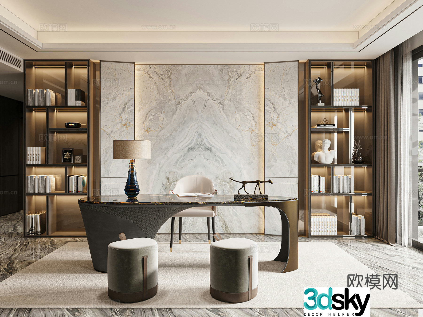 Modern light luxury study room 3D model