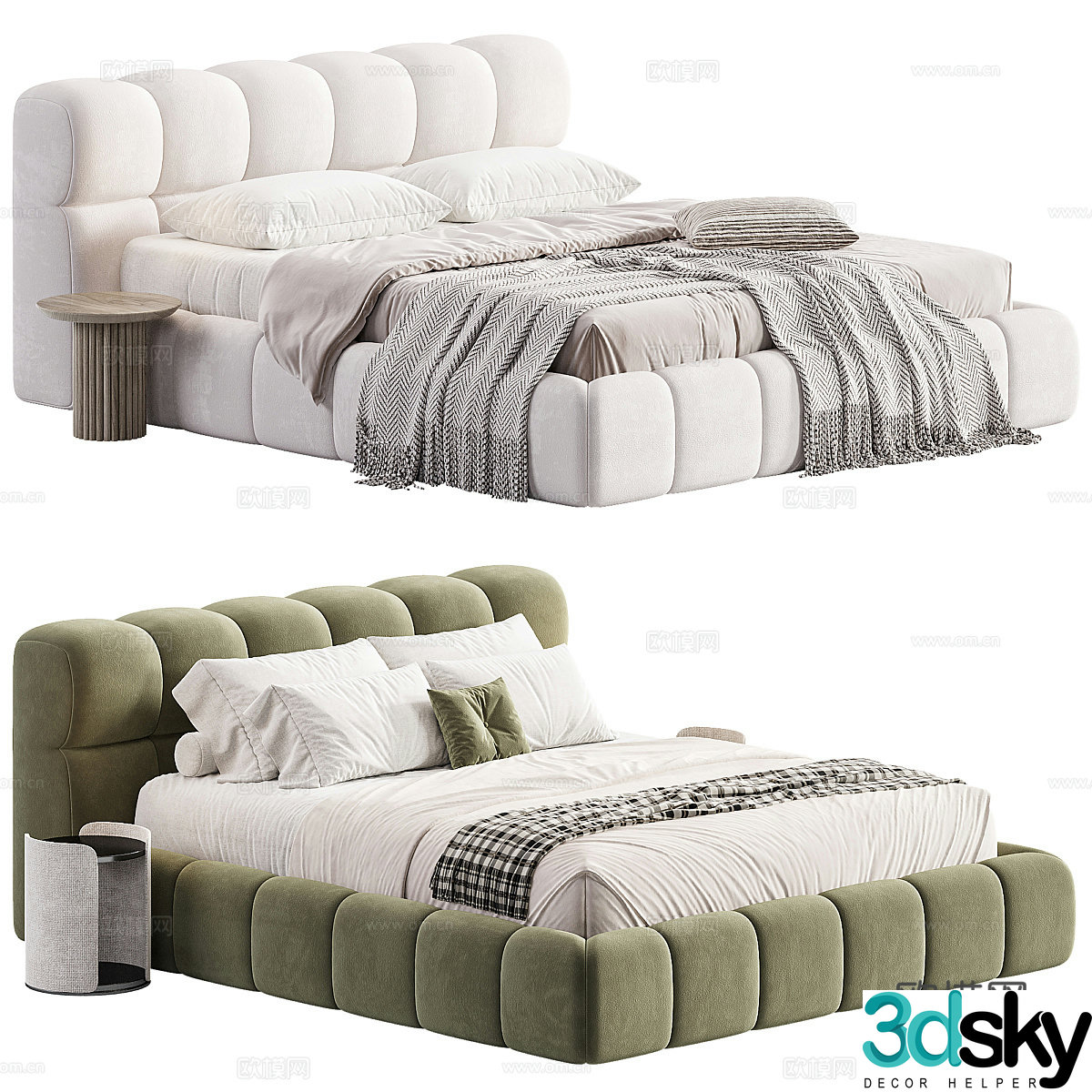Modern cream style fabric double bed 3d model