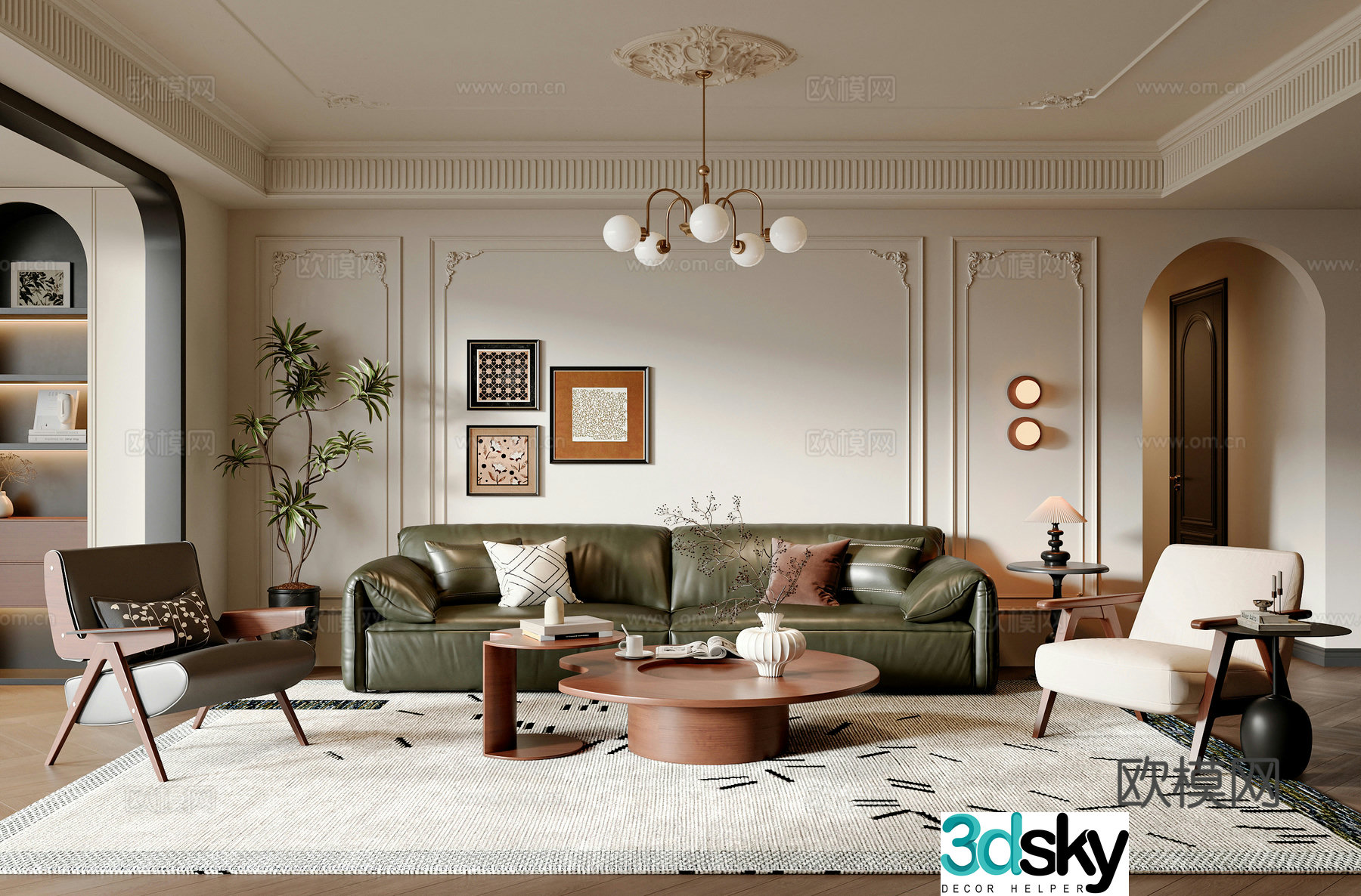 French medieval style living room sofa and coffee table combination leisure chair pier painting combination chandeliers 3D model