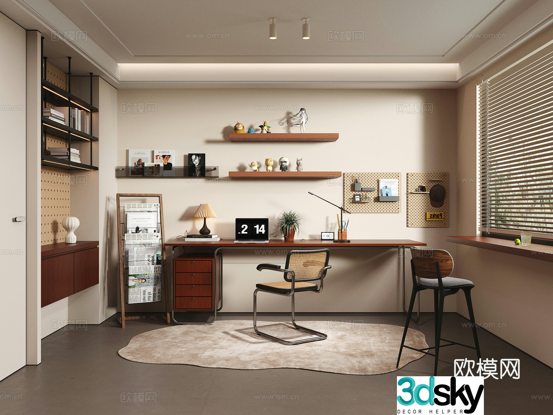 Modern medieval style study open study desk single chair decorative bookcase bar chair decorative 3D model