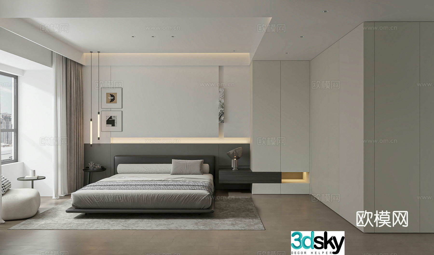 Modern minimalist black white and gray master bedroom 3d model