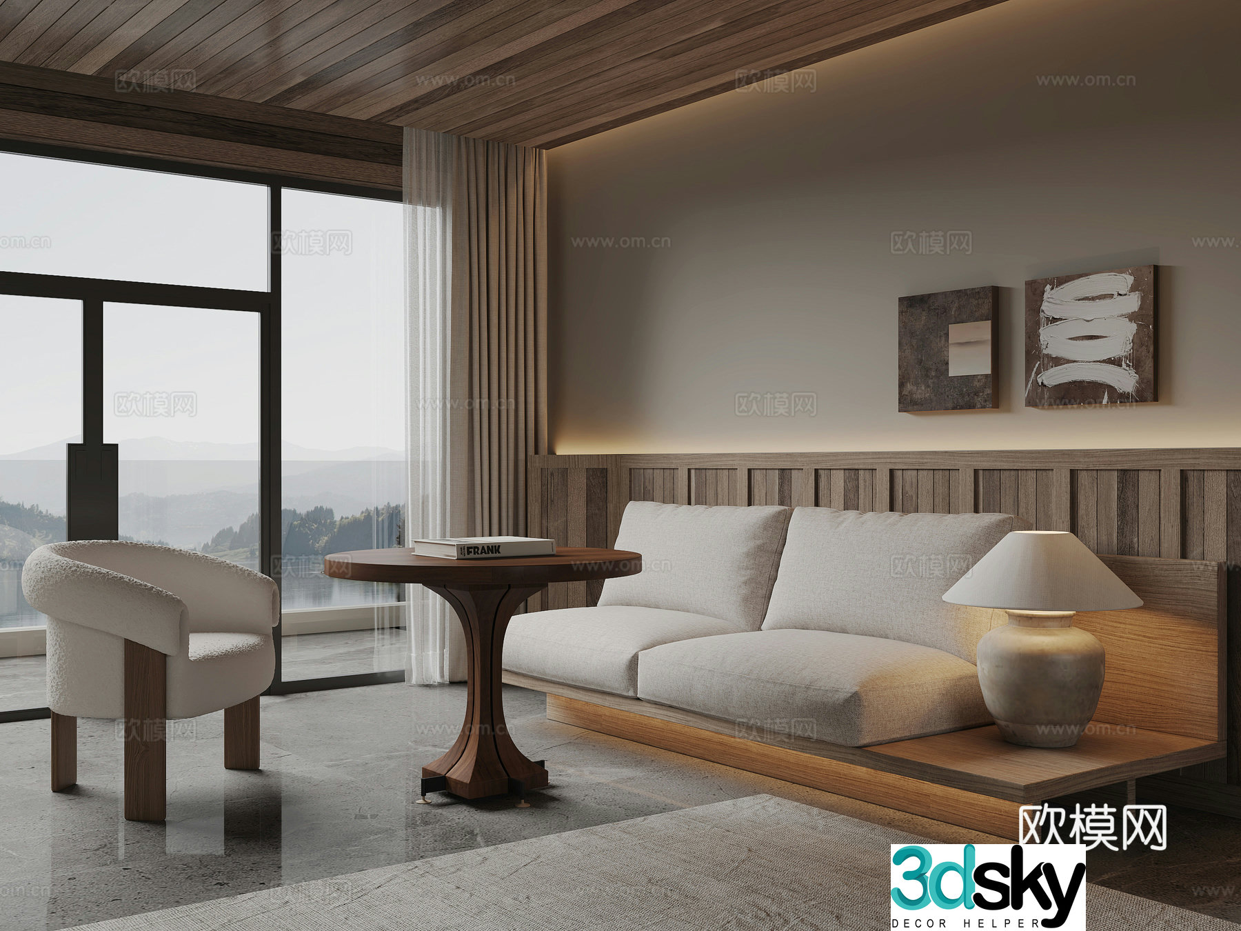 Modern hotel booth sofa table lamp decorative painting round table single chair curtain carpet 3d model