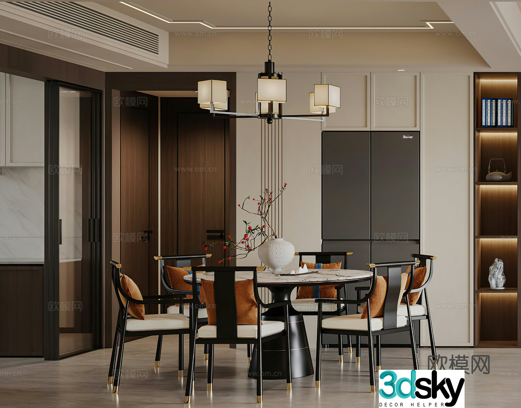 New Chinese restaurant wine cabinet round dining table New Chinese living restaurant chandeliers Middle style restaurant 3D model