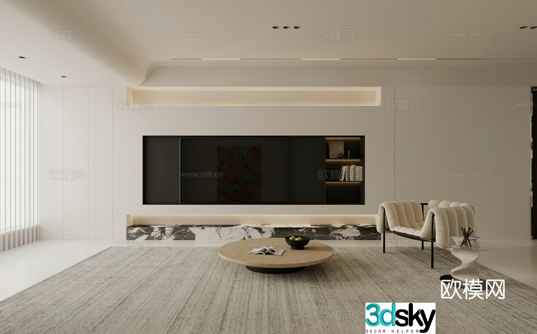 Modern living room TV background wall leisure chair modern living room creamy living room simple 3d model
