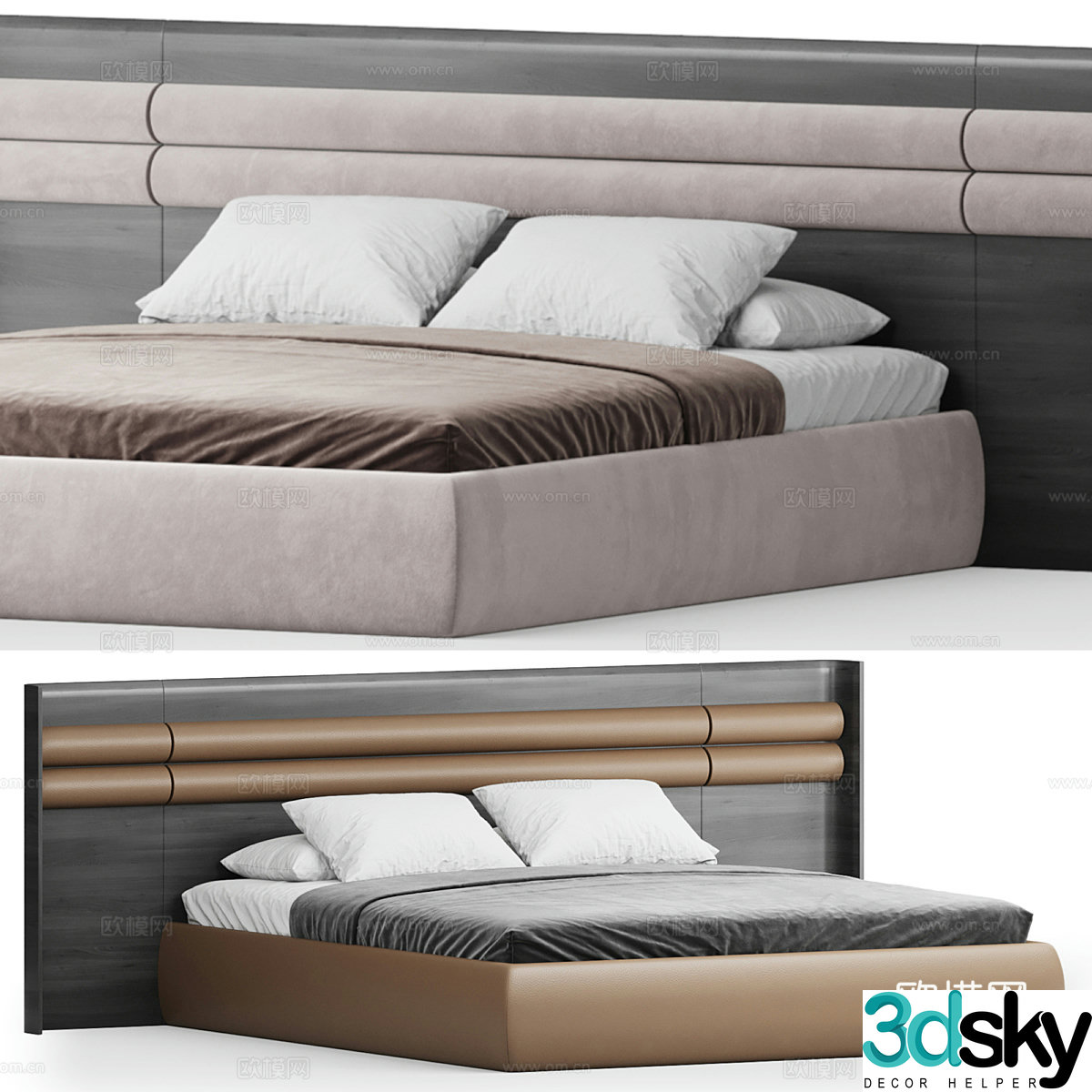 New Chinese style light luxury Sunrise fabric leather double bed 3D model