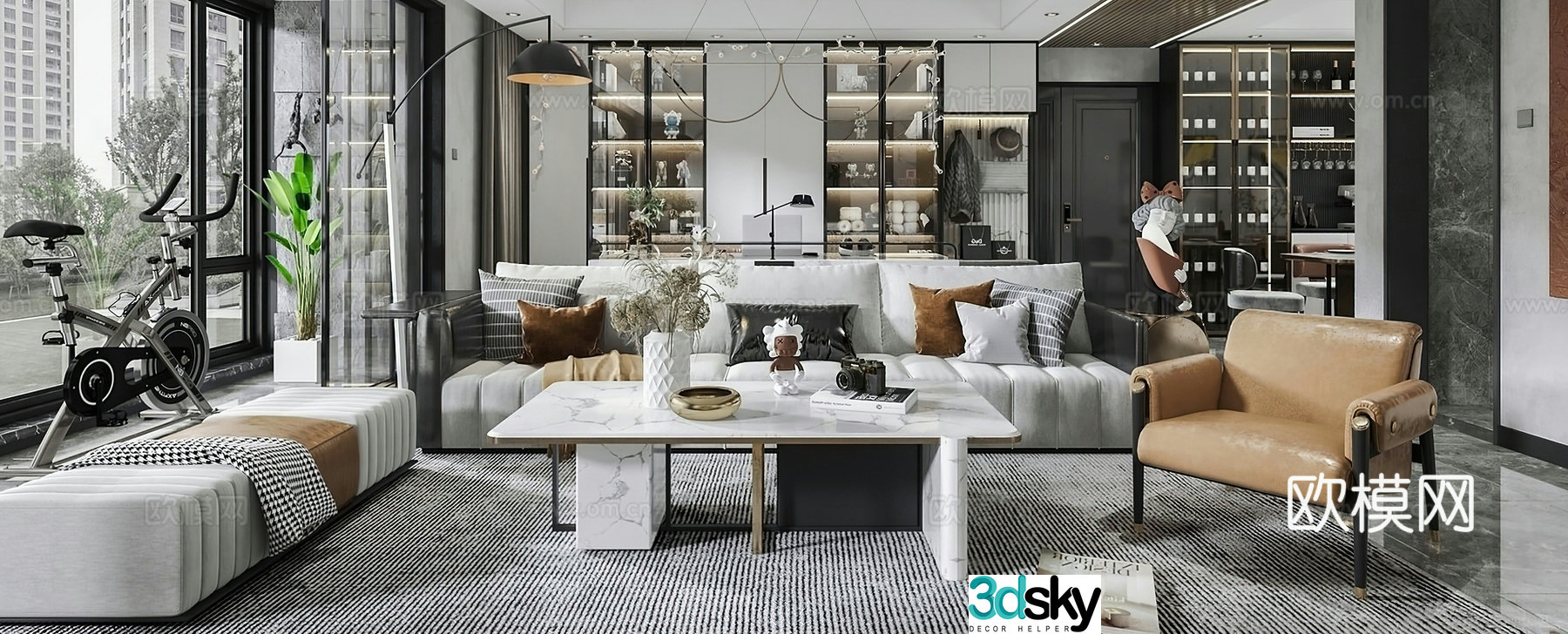 Modern living room Combined hair leisure chair wine cabinet study desk modern living room 3d model