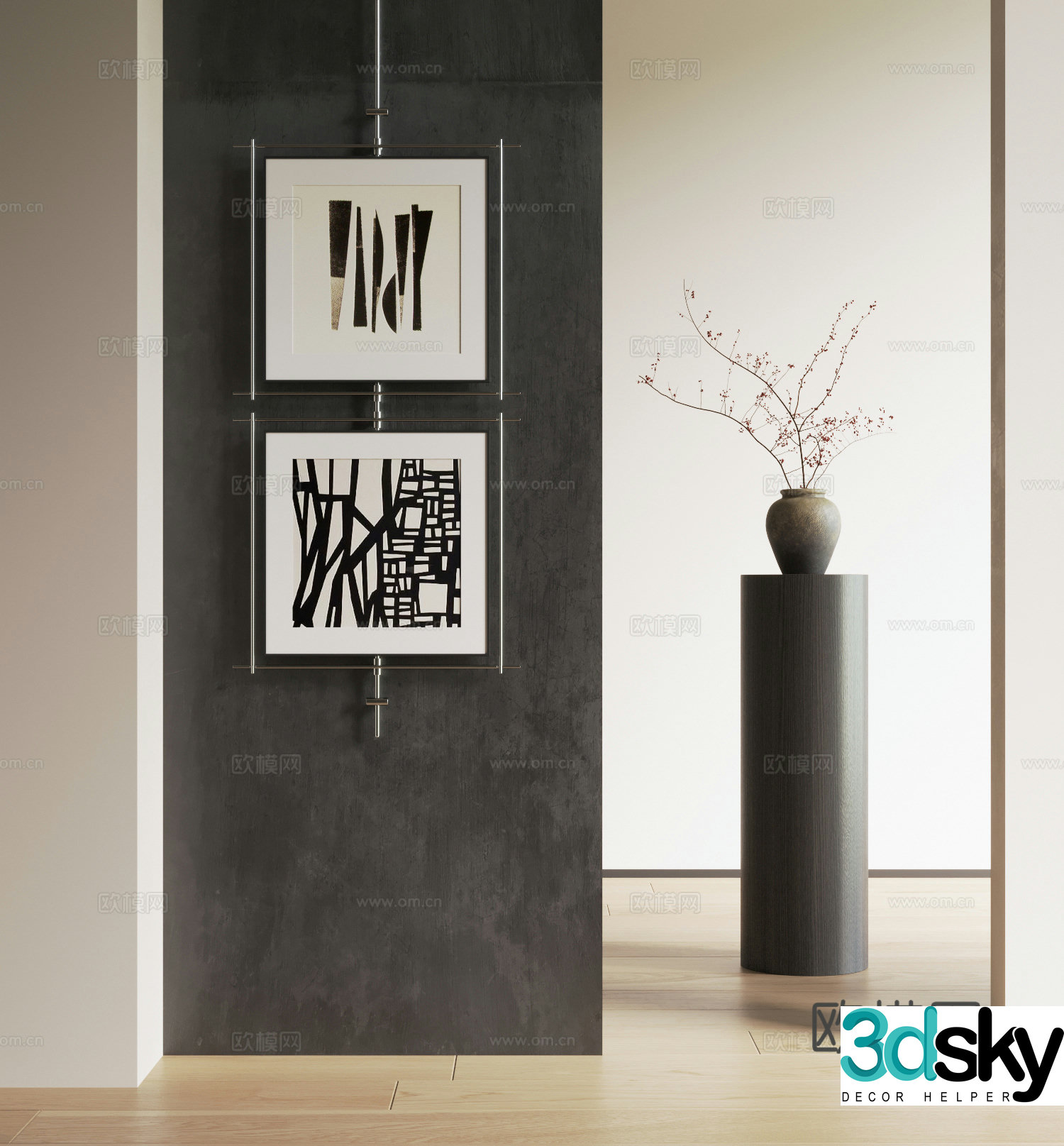 Modern decorative paintings hanging paintings abstract hanging paintings black and white hanging paintings dry branches vases ceramic vases 3D model