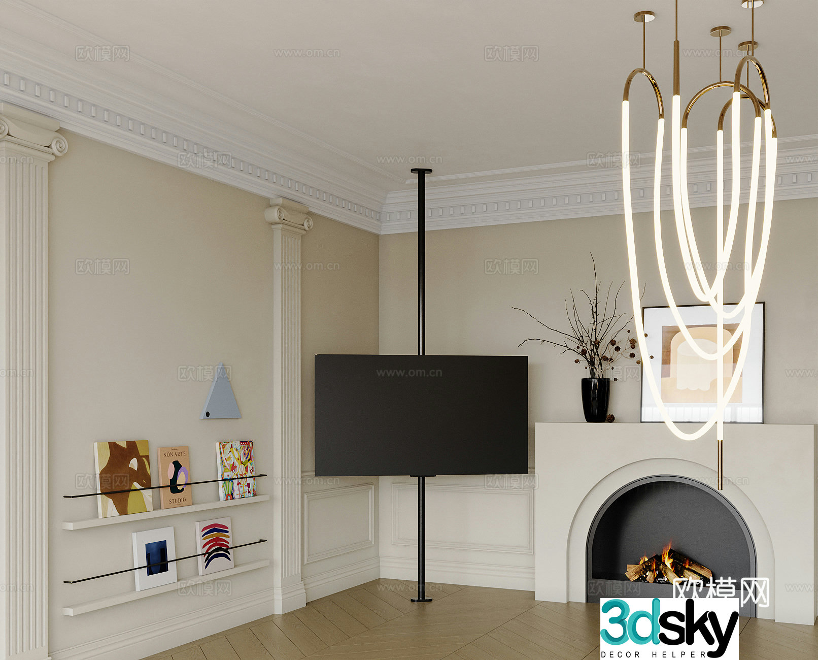 Modern fireplace TV hanging painting ornaments books 3d model