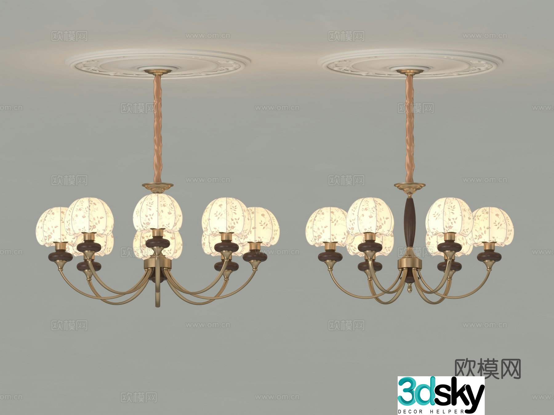 Middle-aged chandeliers living room and bedroom chandeliers cloth cover American simple chandeliers copper and wood chandeliers 3D model