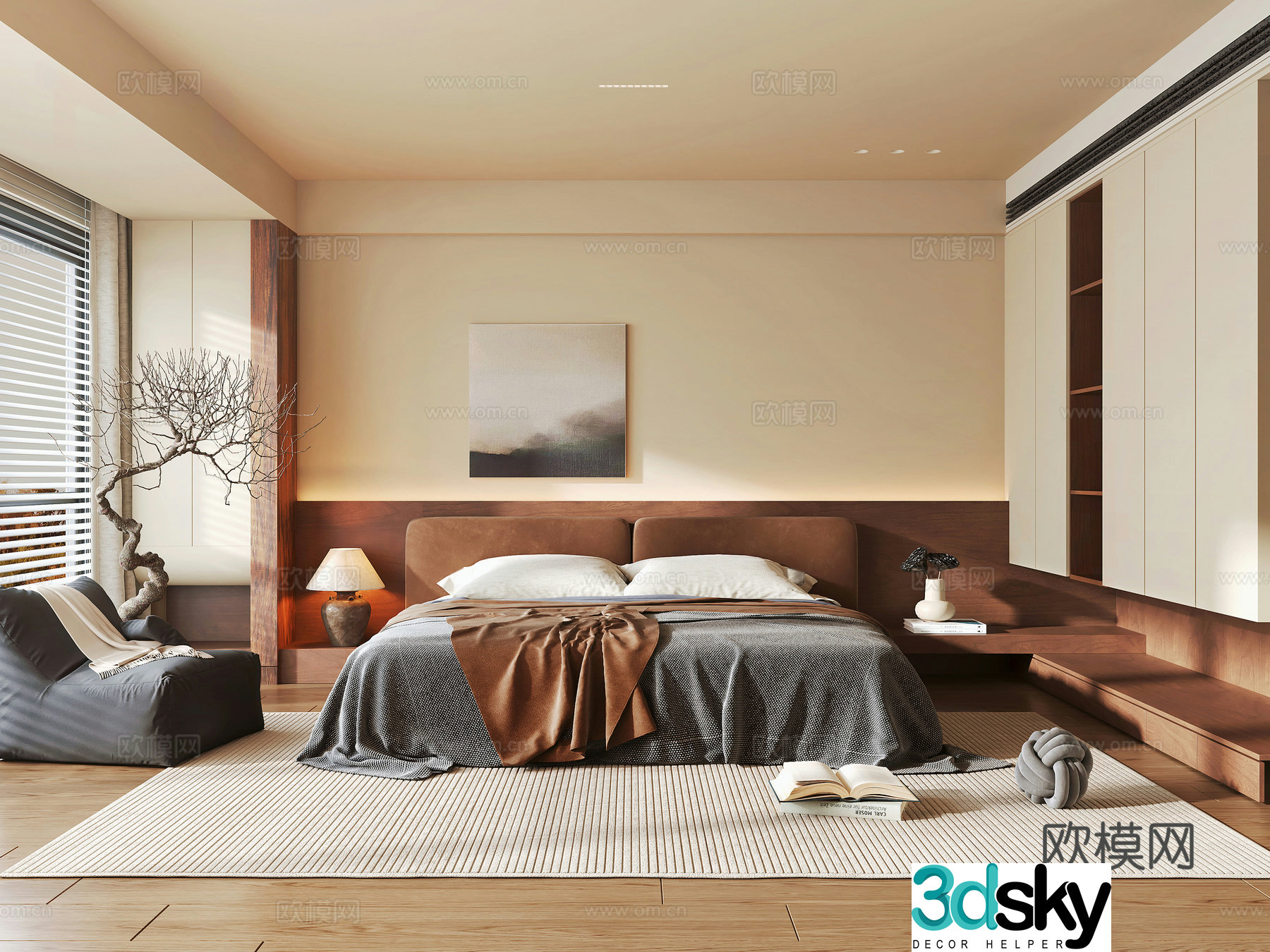 Wasabi style bedroom double bed bedside lamp bedroom wardrobe decorative painting lazy sofa 3d model