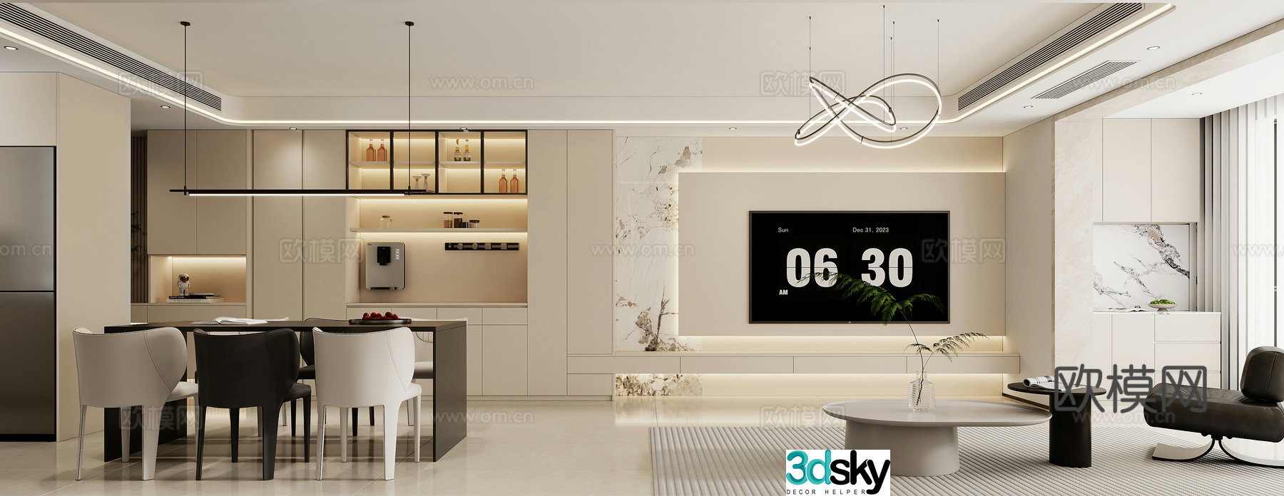 Modern living and dining room 3d model