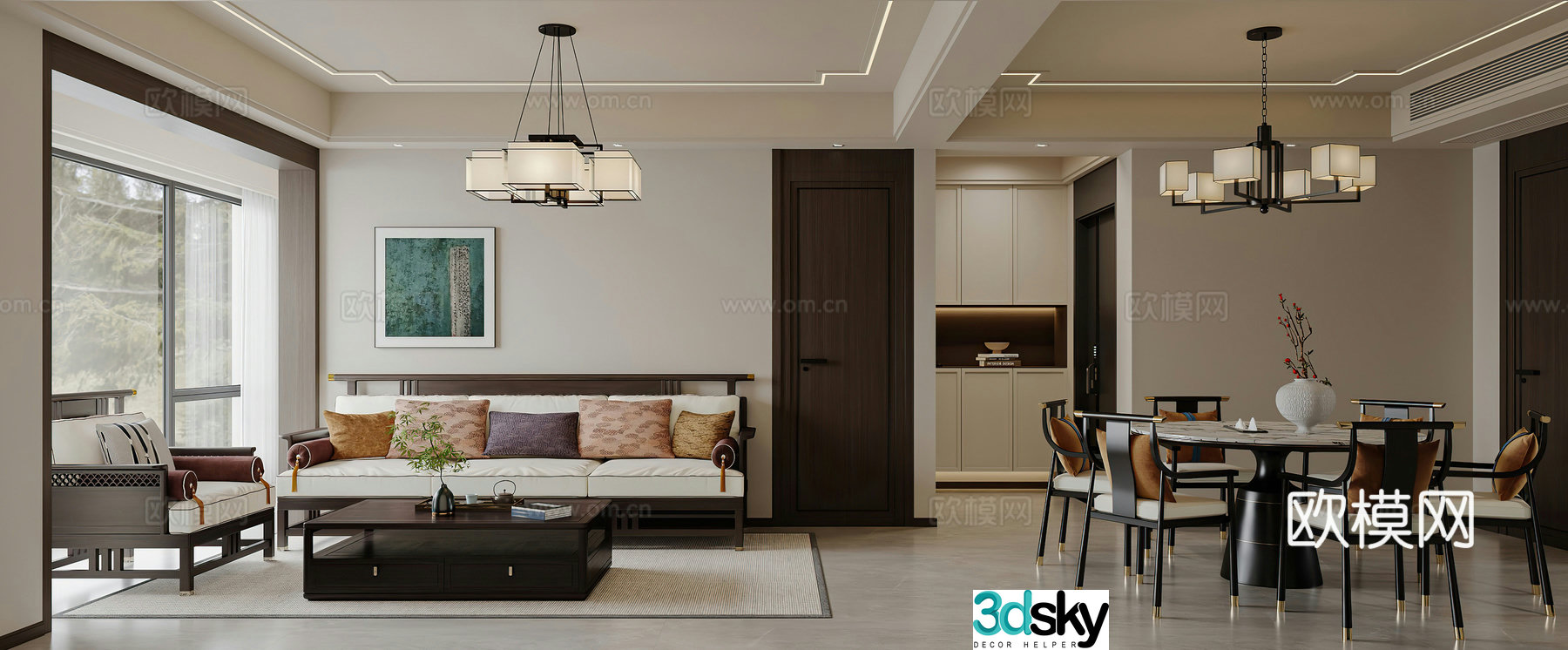New Chinese style living and dining room combination hair leisure chair round dining table TV background wall 3D model