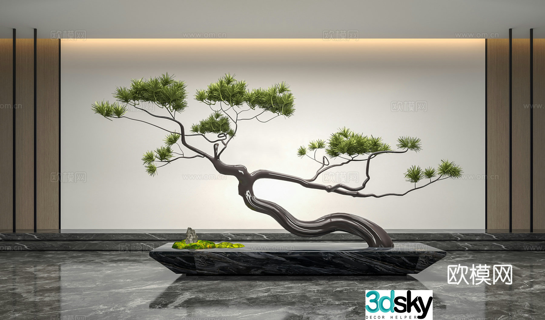 New Chinese style lobby landscape art installation pine tree ornaments 3D model