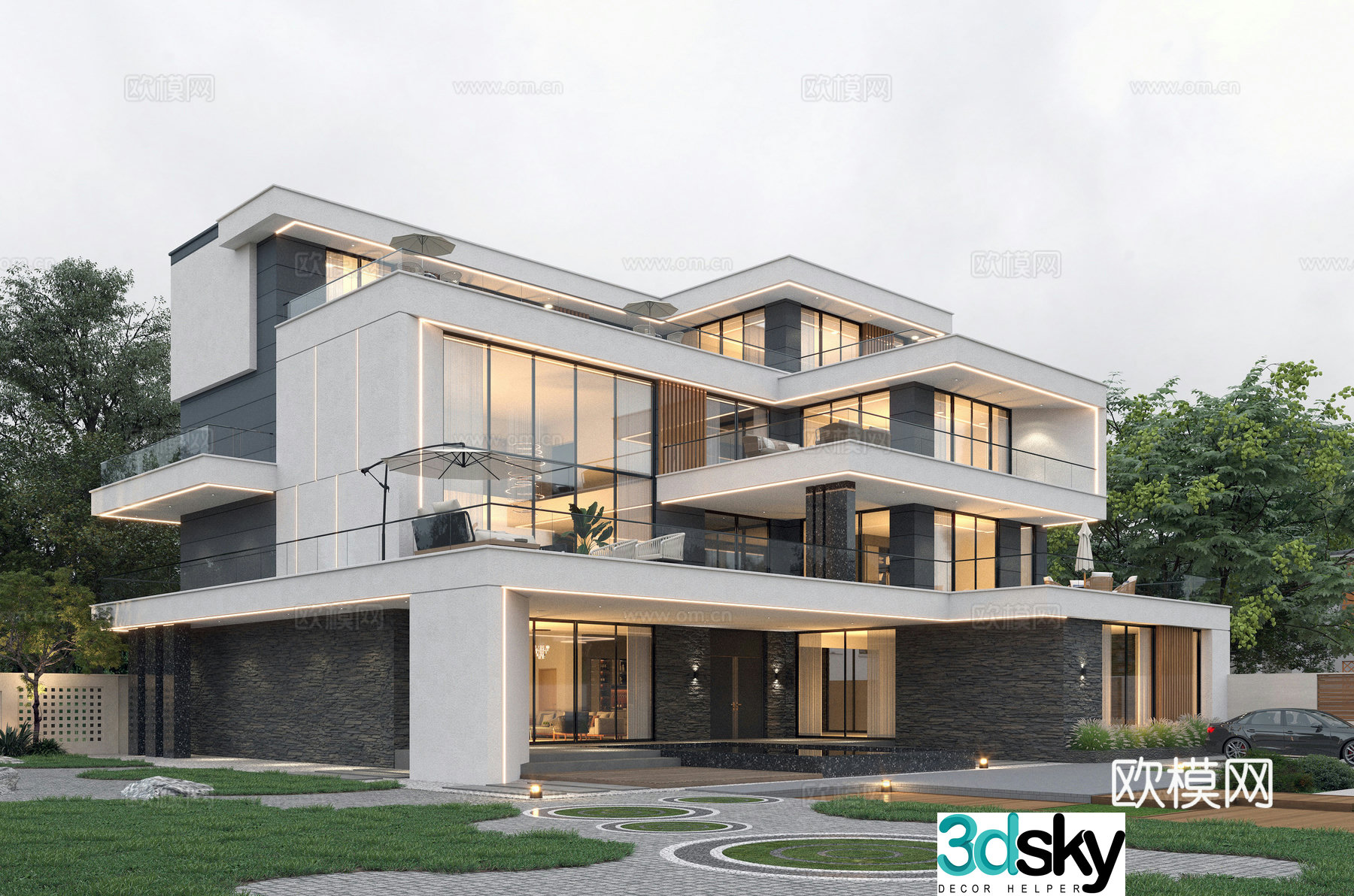 Modern villa night view building exterior courtyard fence 3d model