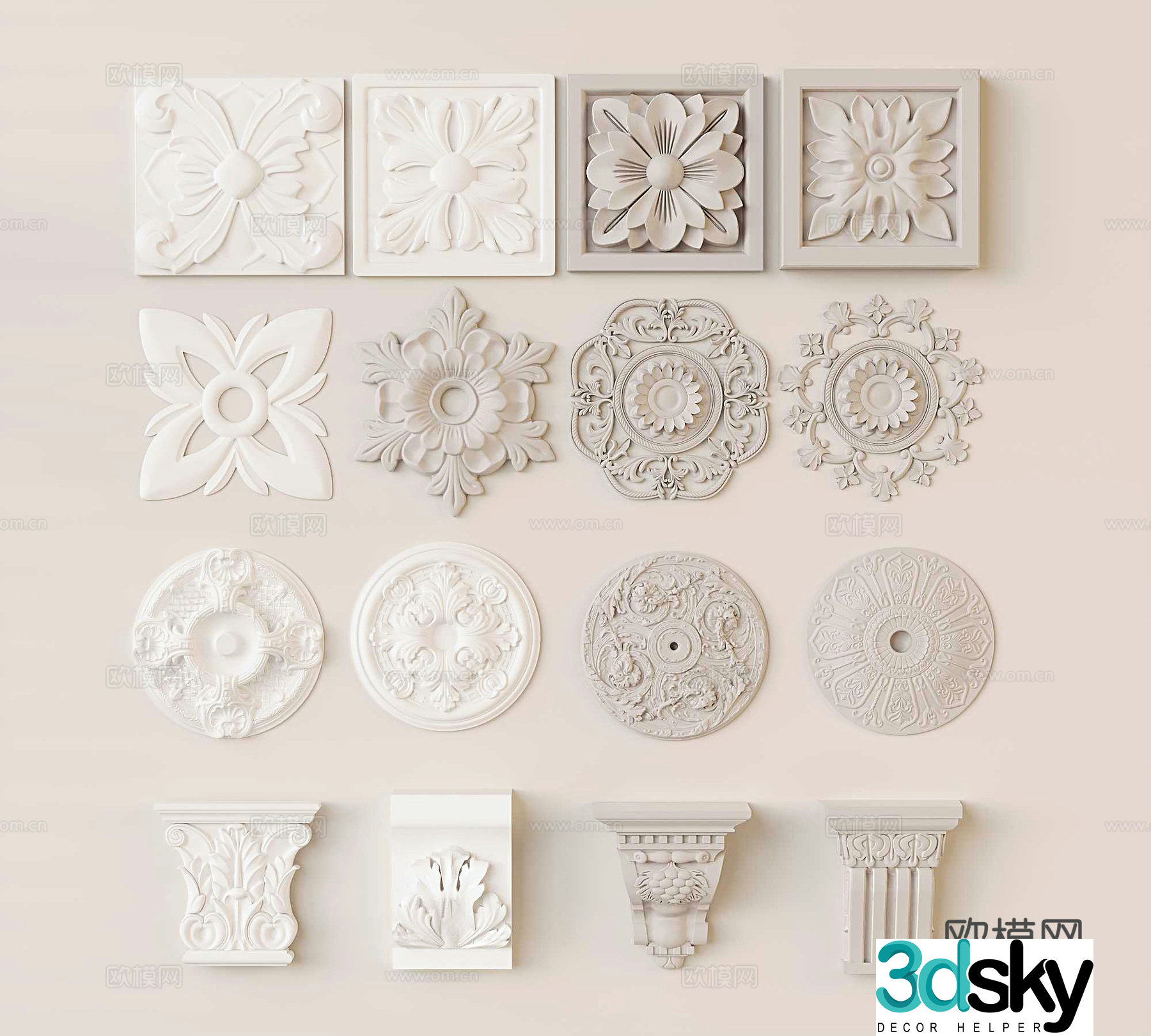 European style carving horn flower yakou gypsum carving 3D model