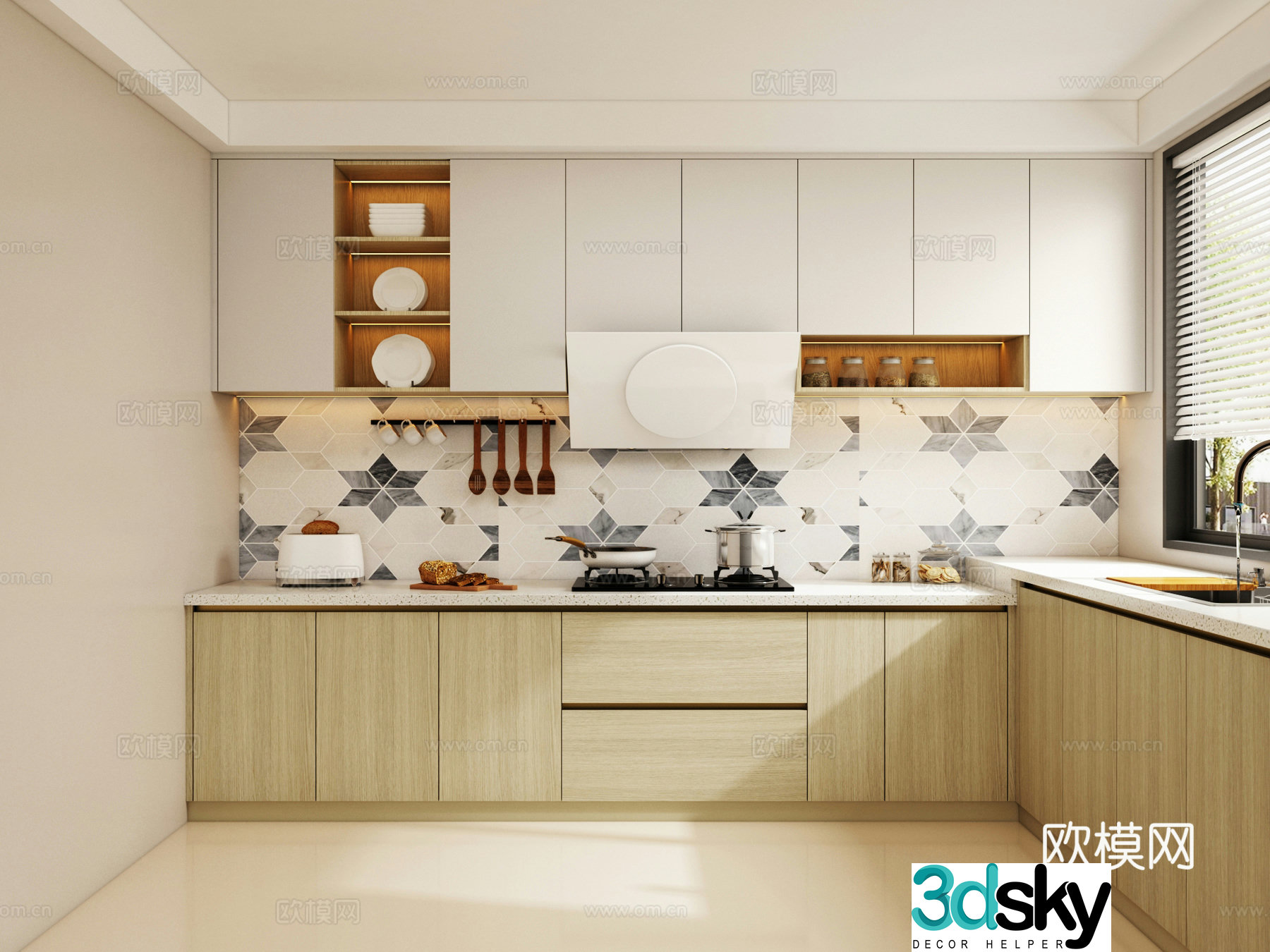Modern log style kitchen L-shaped kitchen enclosed cabinet kitchen supplies 3d model