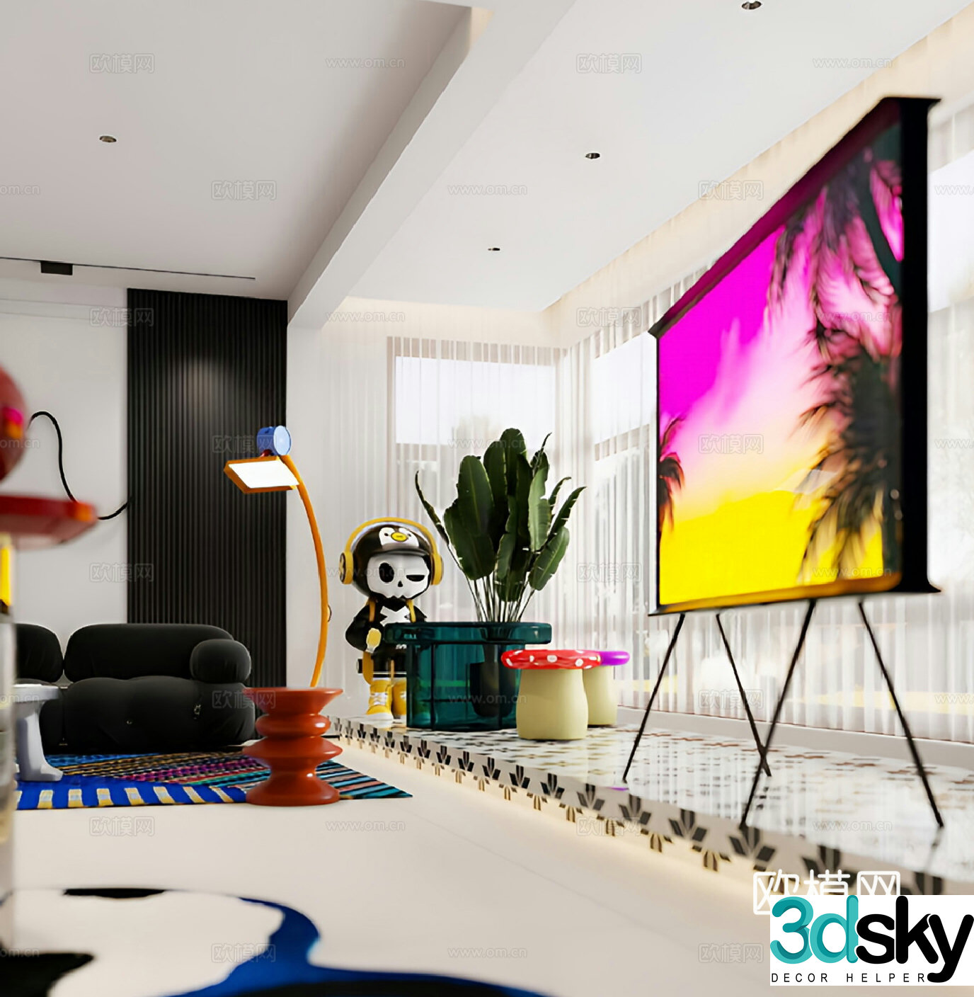 Modern Memphis Living and Dining Room 3D Model