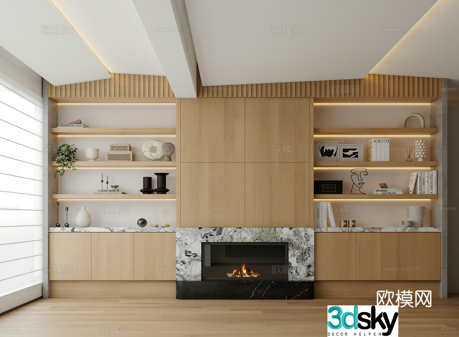 Modern bookcase fireplace TV background wall decoration ornament 3d model