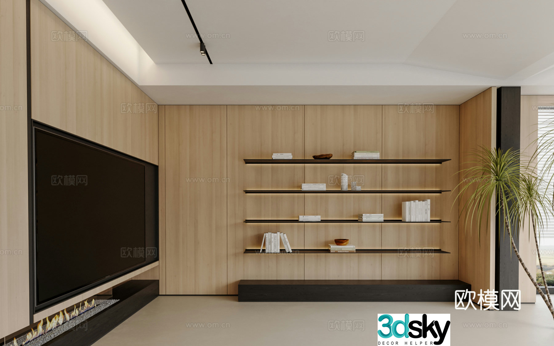 Modern TV cabinet background wall bookcase green plant 3d model