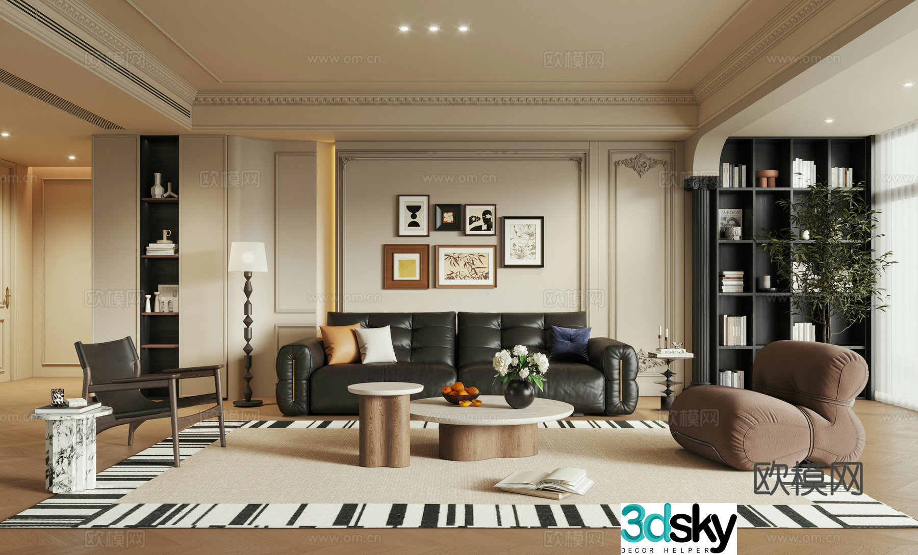 French home living room horizontal hall large flat living room black and white gray living room without owner lights 3D model