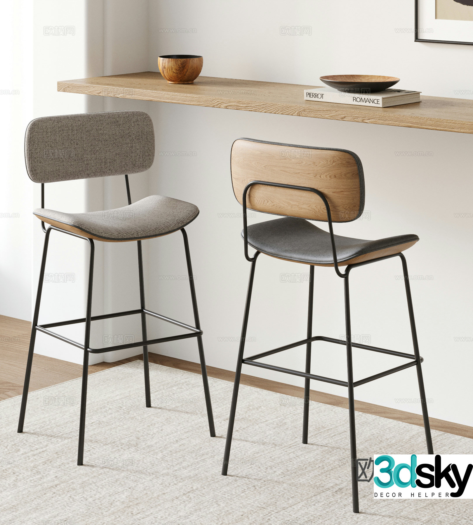 Modern bar chair combination solid wood bar chair leather bar chair bar stool bar counter bar chair combination 3D model