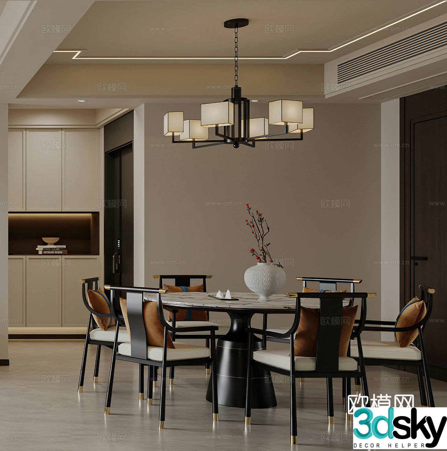 New Chinese restaurant wine cabinet shoe cabinet round dining table New Chinese restaurant chandeliers Middle style 3D model