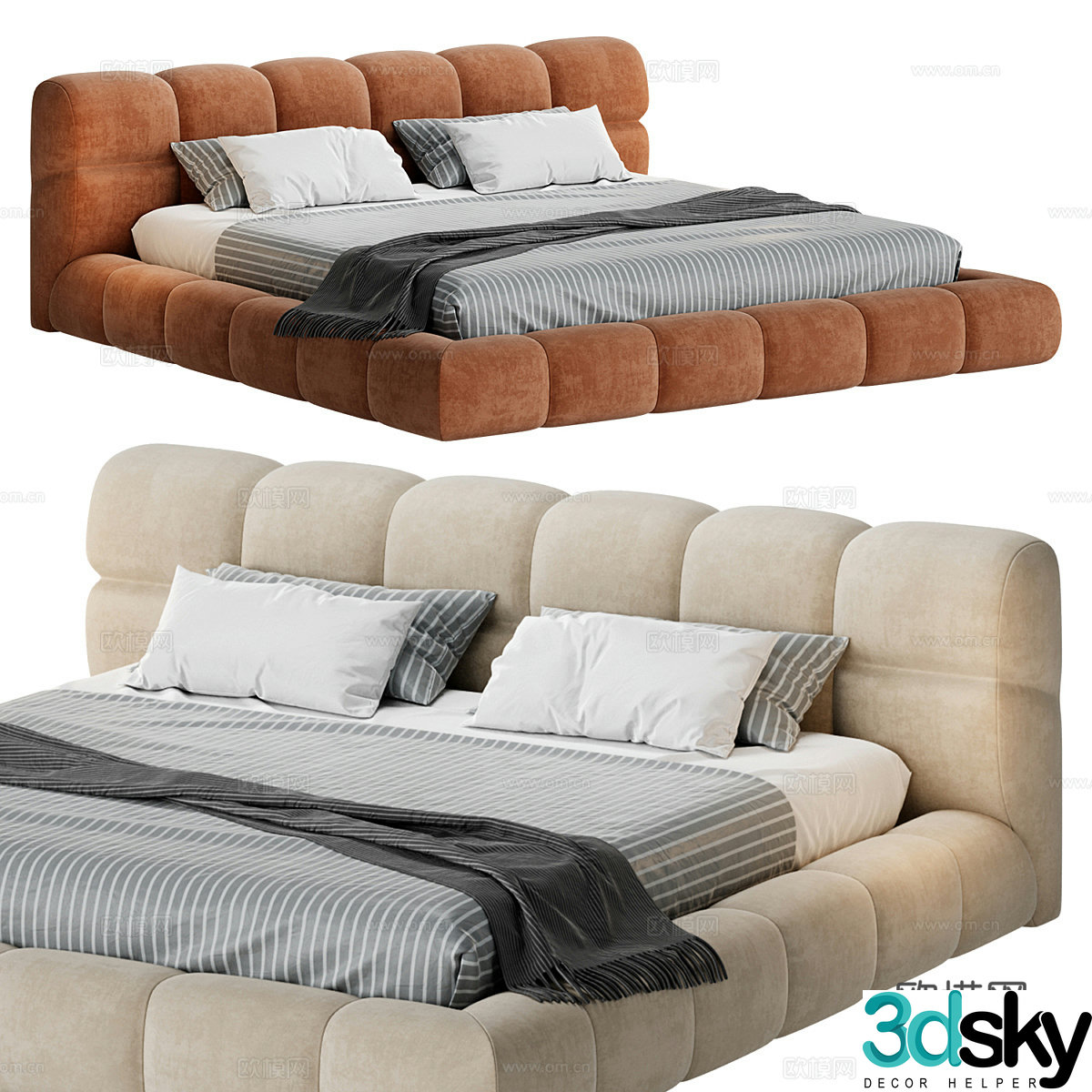 Modern cream style fabric double bed 3d model