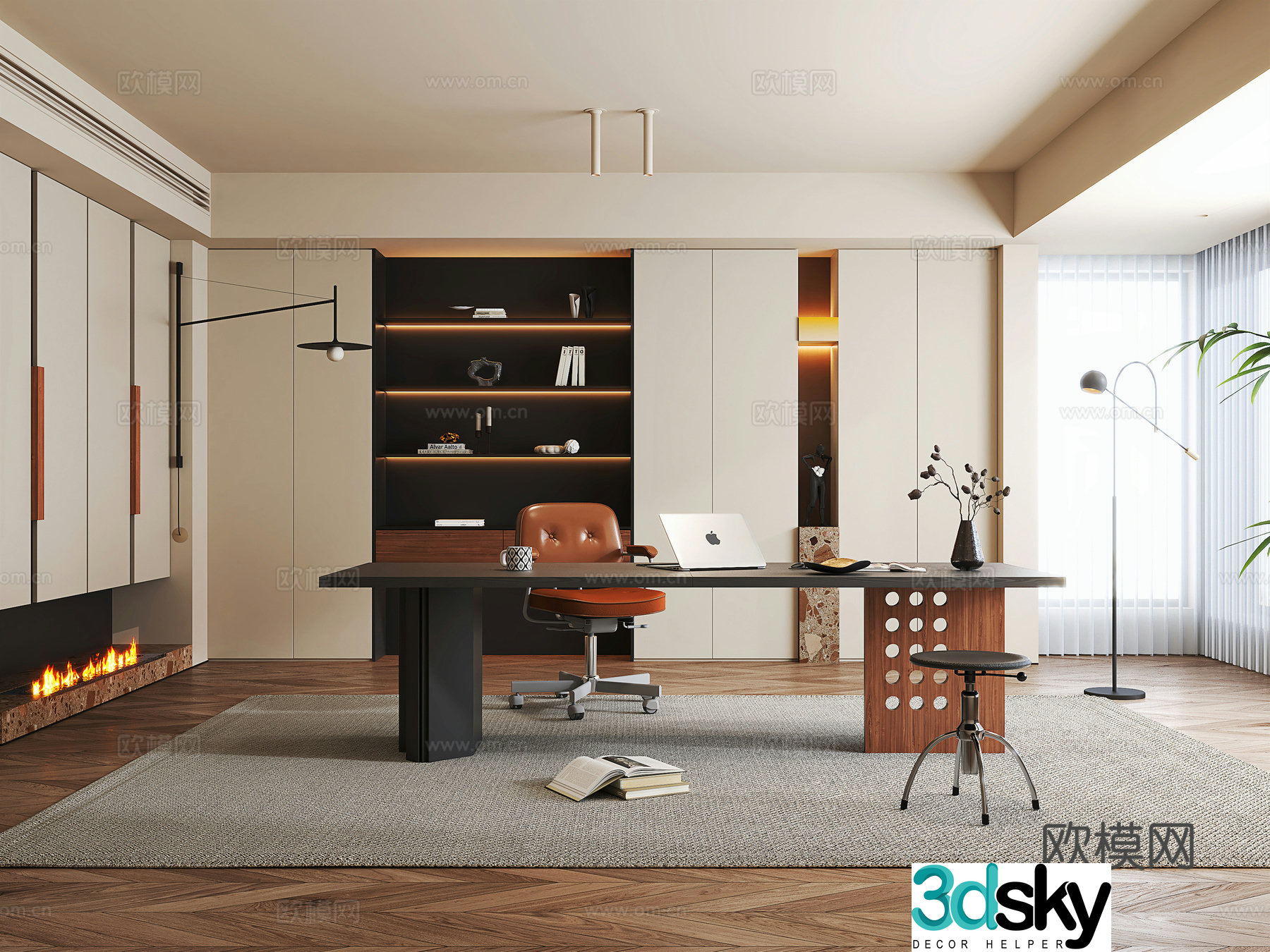 Modern medieval study room bookcase desk chair book ornament computer desk lamp potted plant 3D model