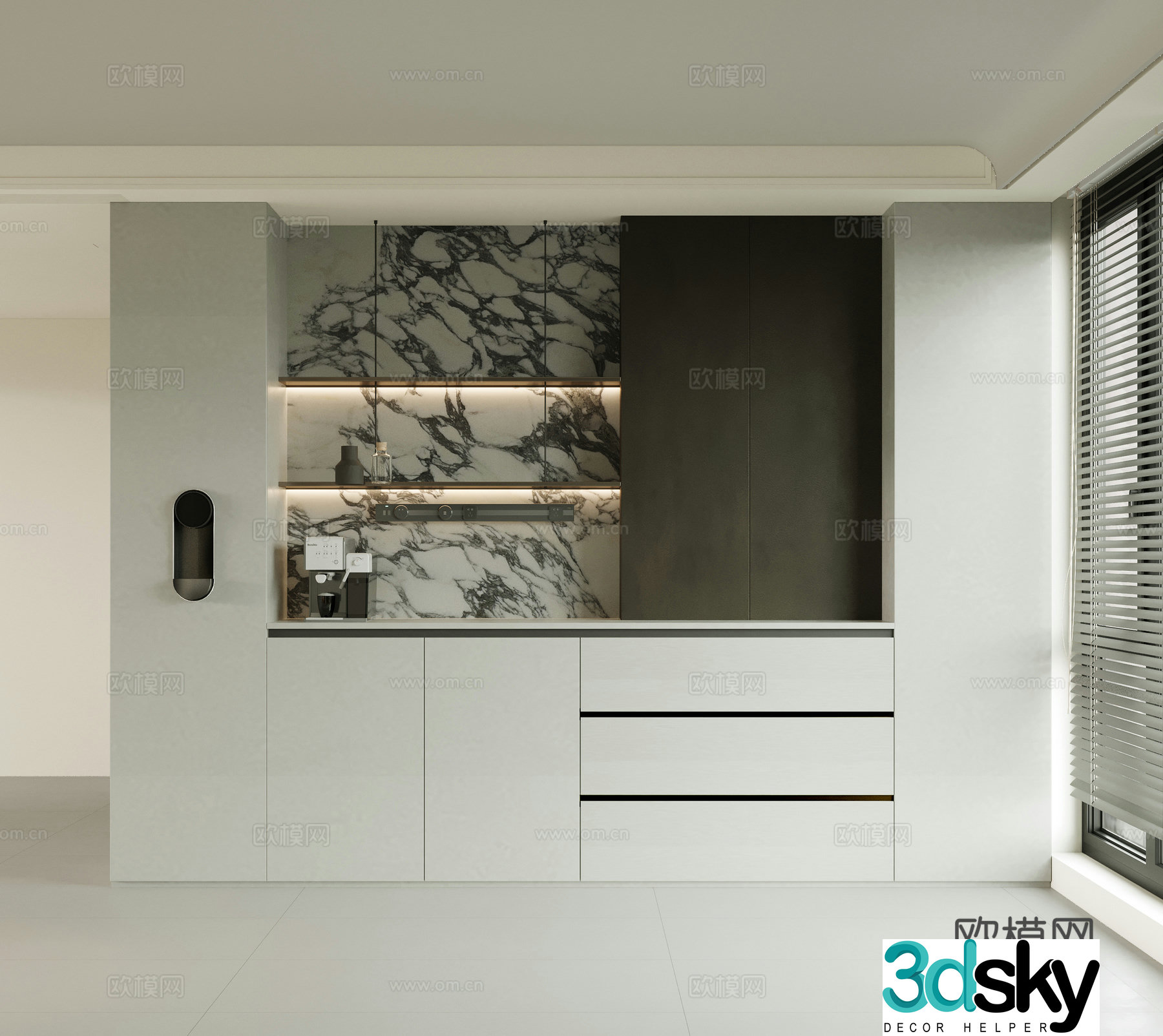 Cream minimalist sideboard coffee machine water dispenser track socket broken bridge aluminum window direct drinker 3D model