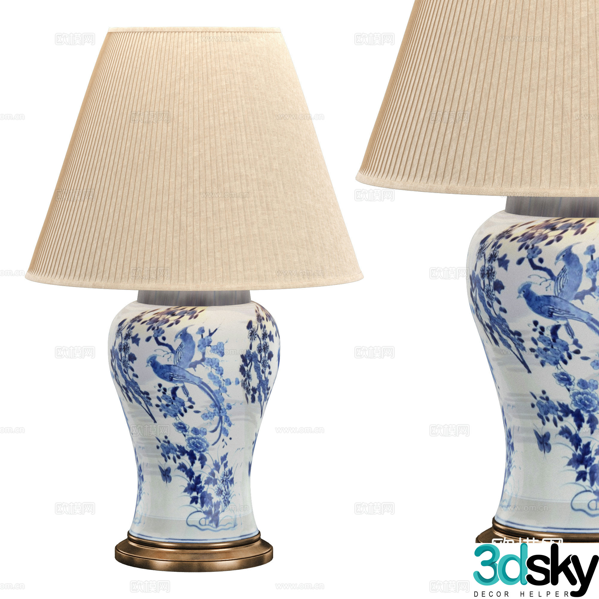 New Chinese style Blythe blue and white porcelain desk lamp 3D model
