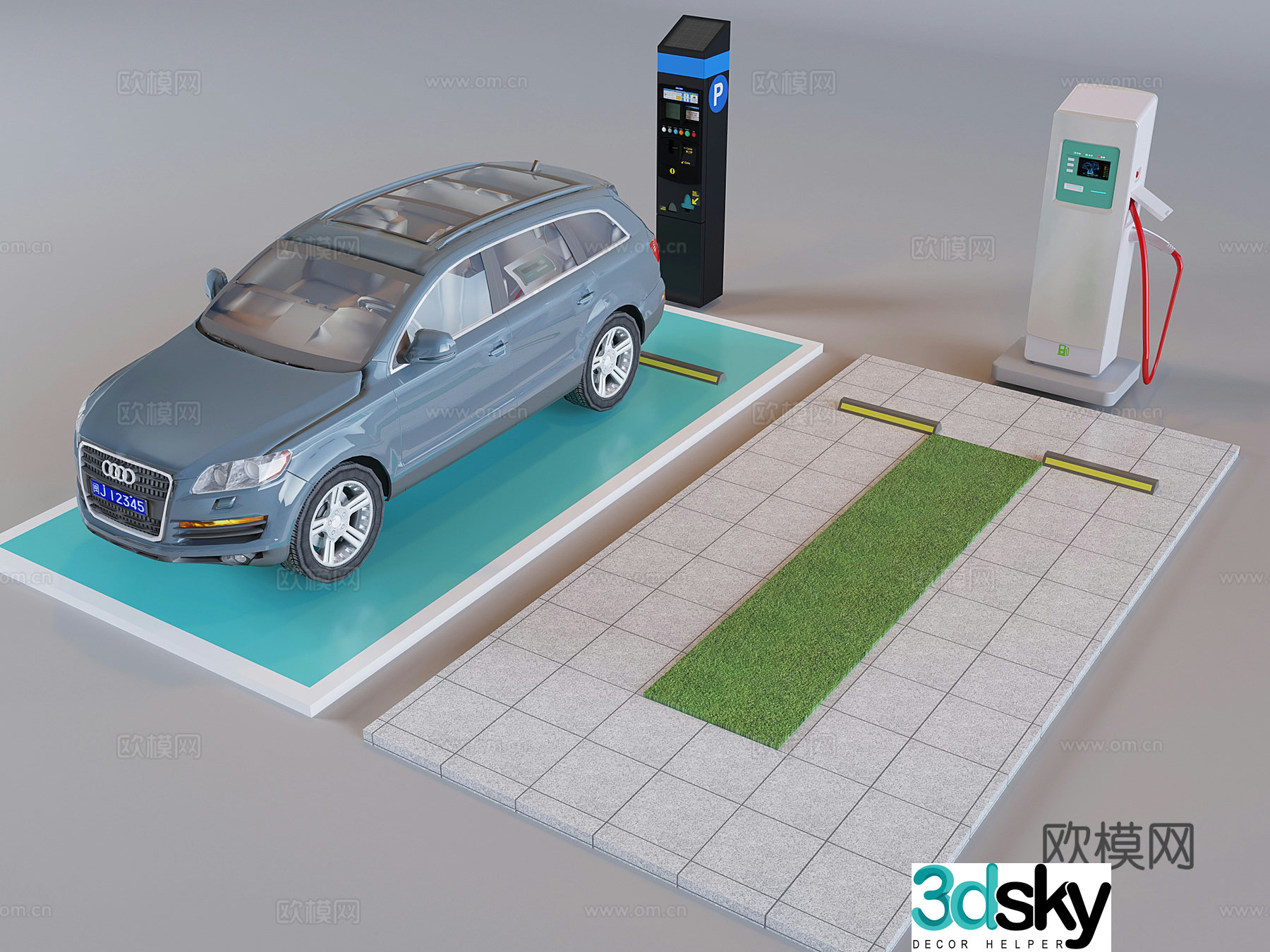 New energy vehicle charging station outdoor parking lot charging pile parking limit car block 3D model
