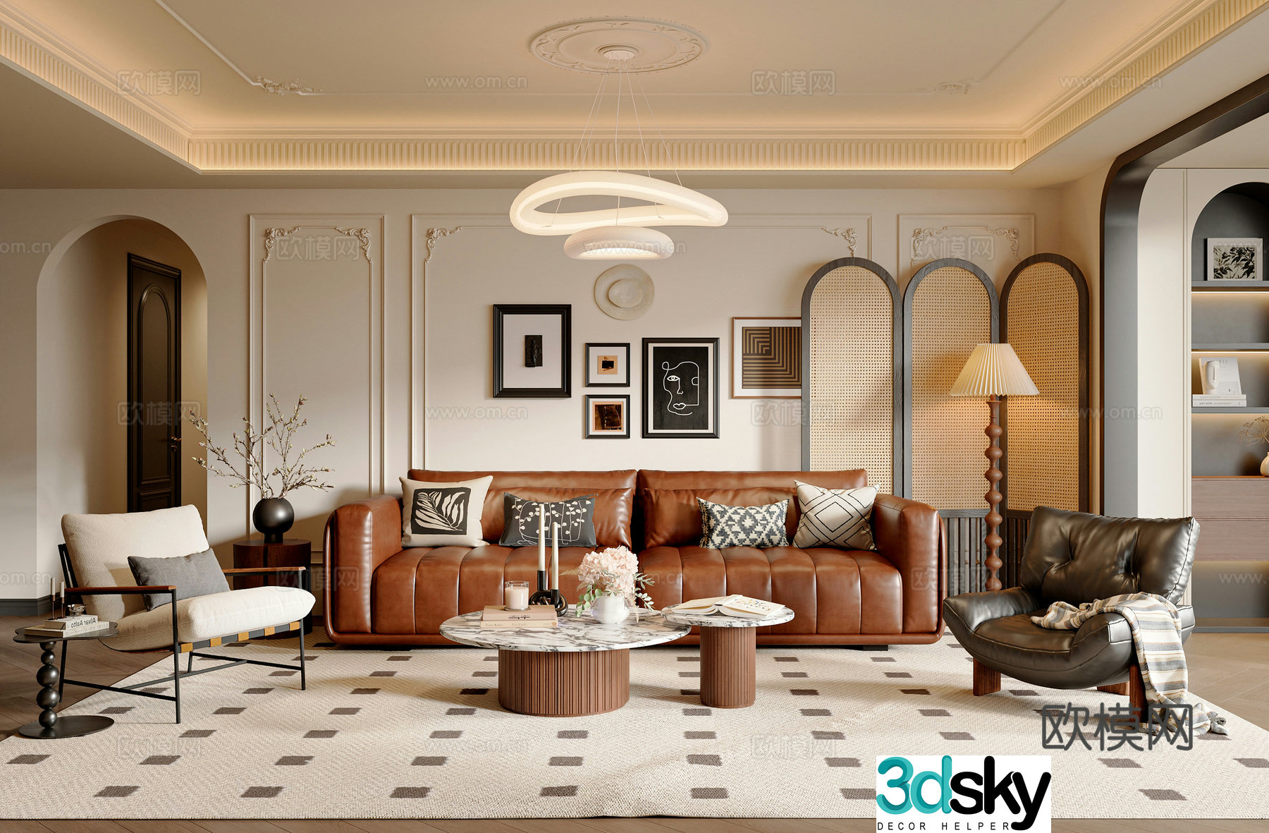 French medieval style living room sofa and coffee table combination leisure chair pier painting combination chandeliers 3D model