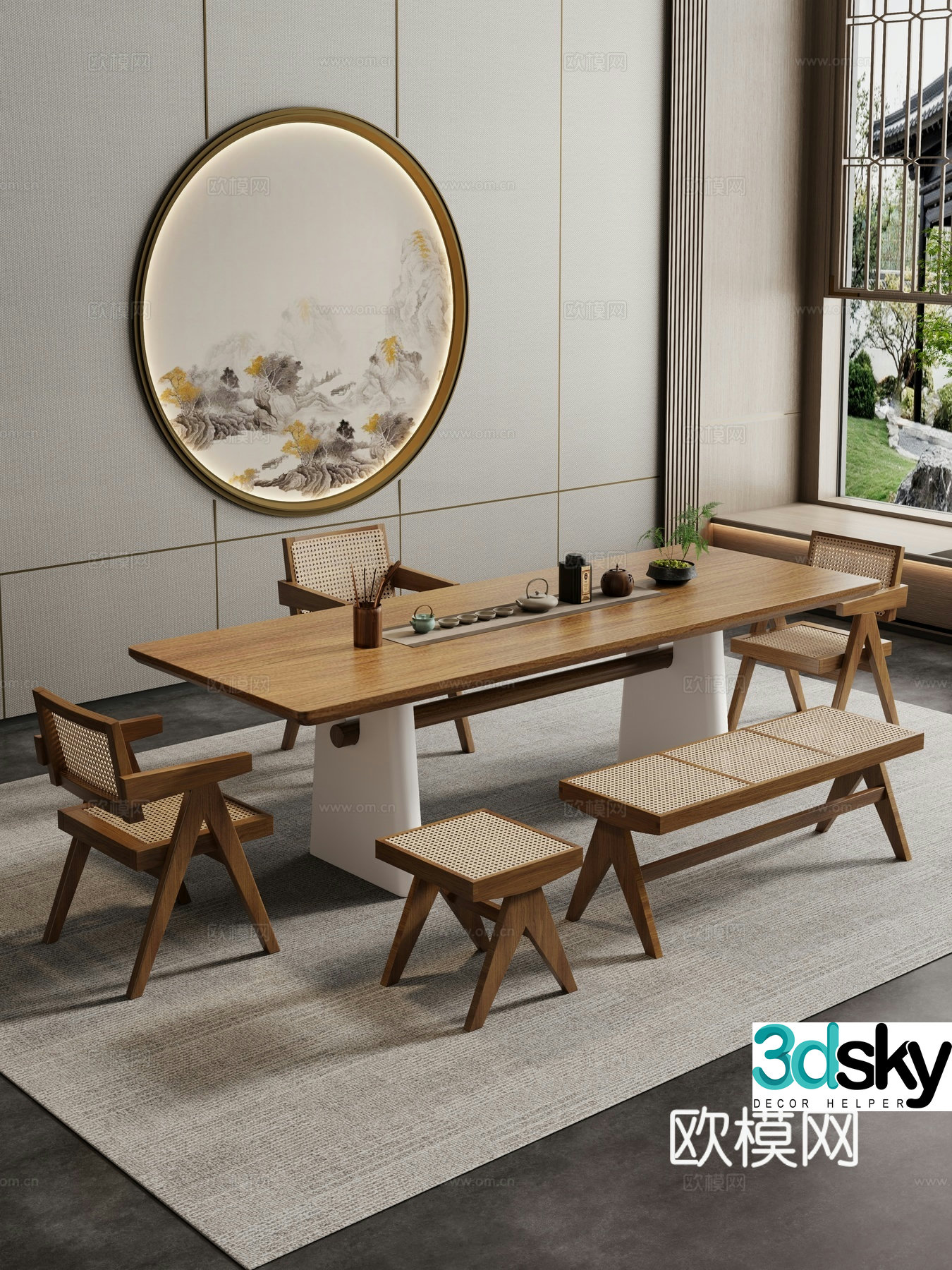 Creamy large plate table tea table and chair combination tea table tea table tea room tea table balcony tea table 3D model