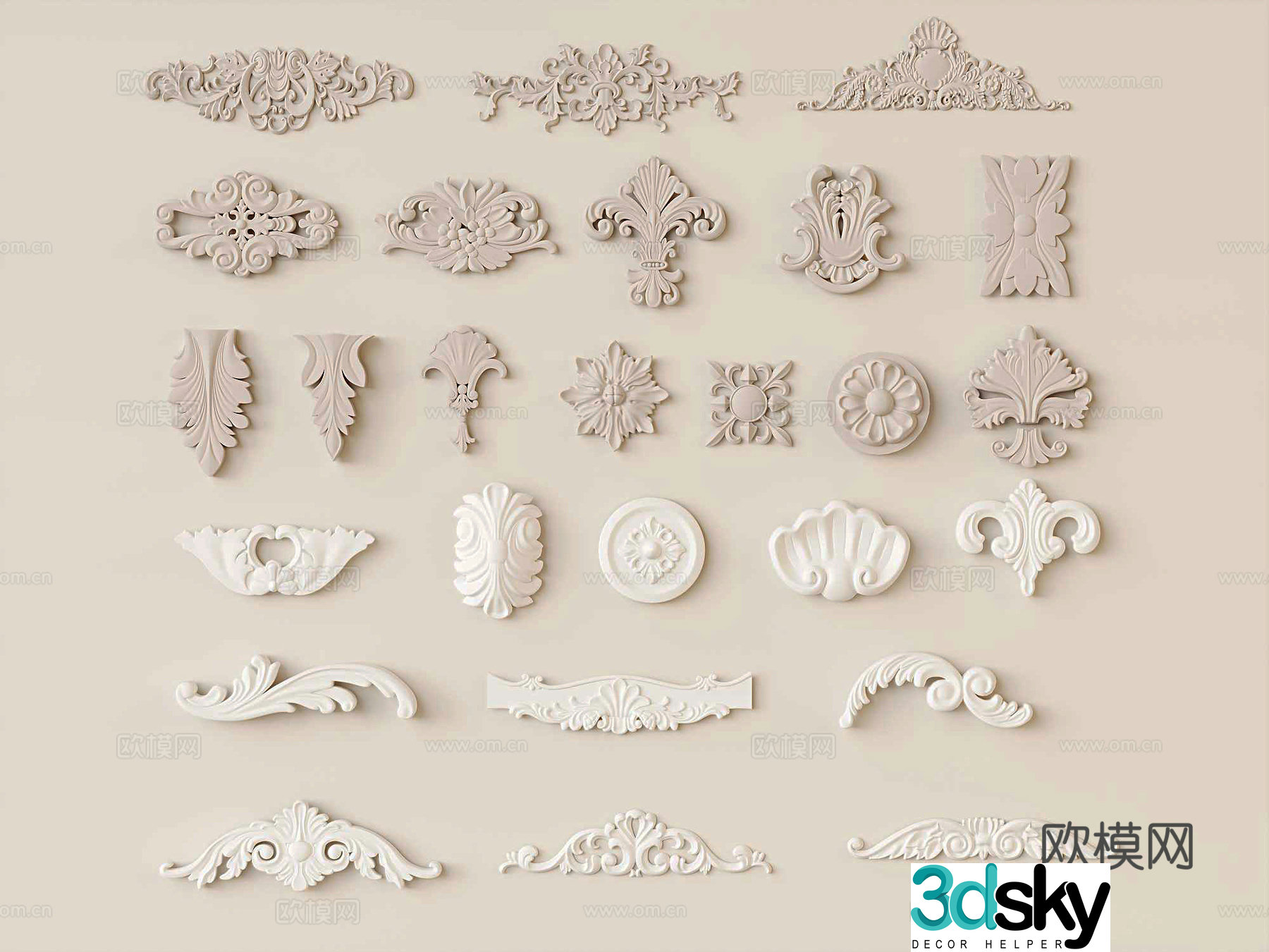 French carving horn flower plaster relief 3d model