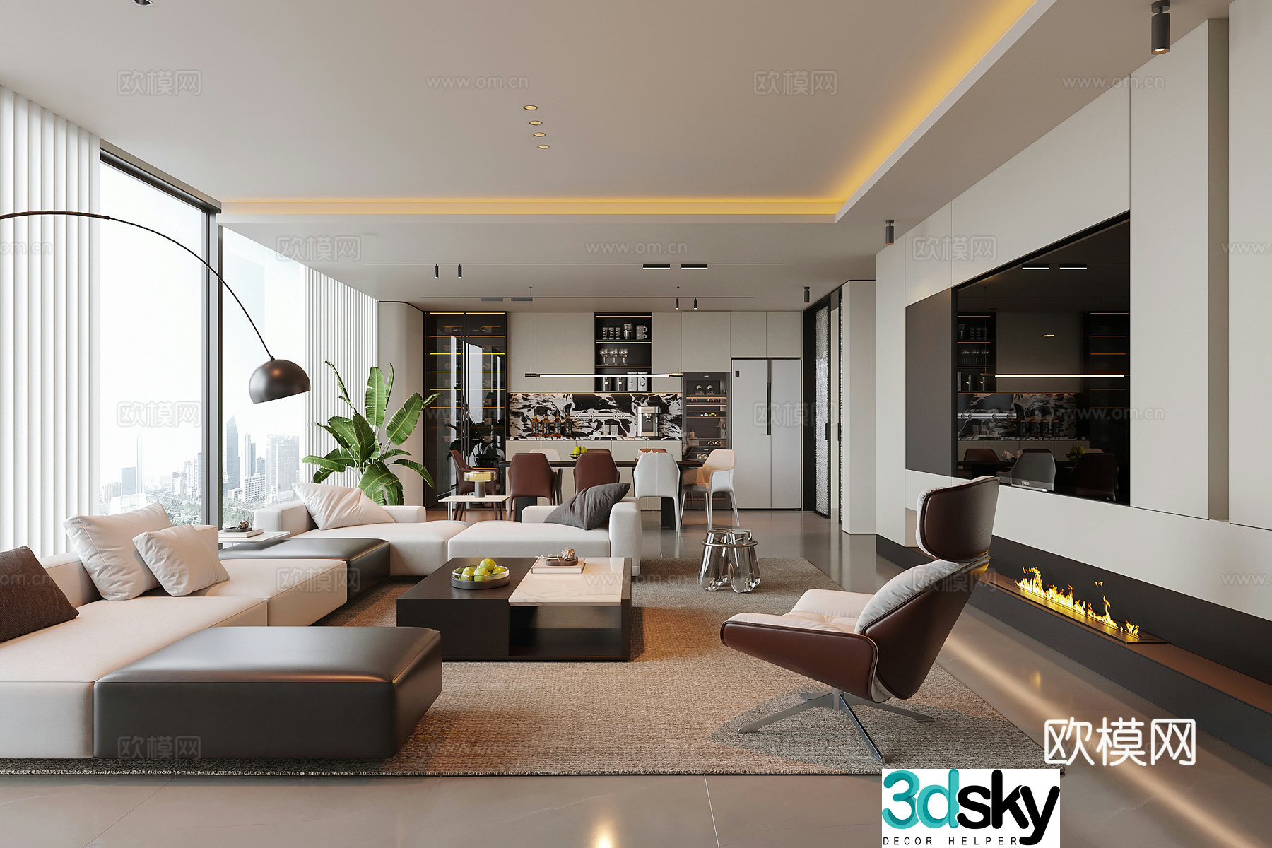 Modern living and dining room living room sofa coffee table combination TV wall 3d model