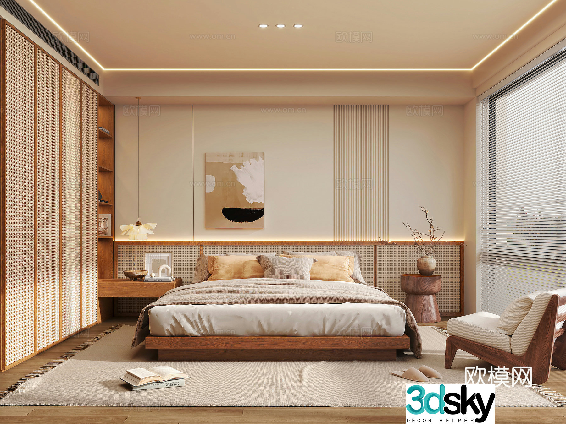 Wasabi style bedroom double bed bedside table leisure chair bedside chandelier rattan wardrobe 3D model