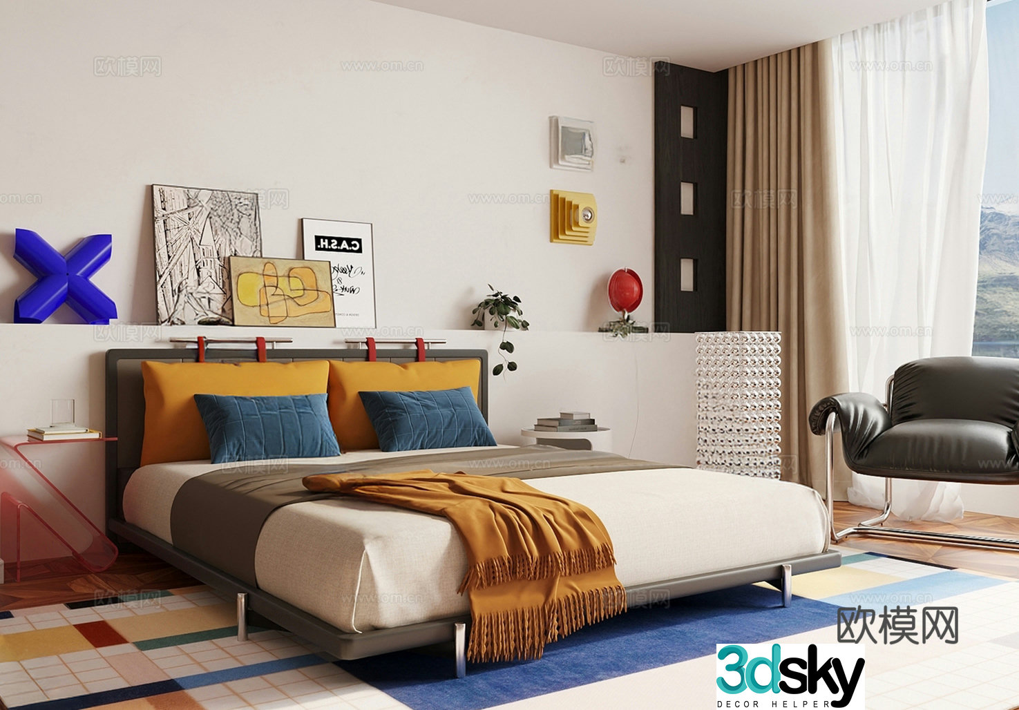 Modern minimalist master bedroom Bauhaus bedroom Double bed Dopamine Memphis Ornament 3D model