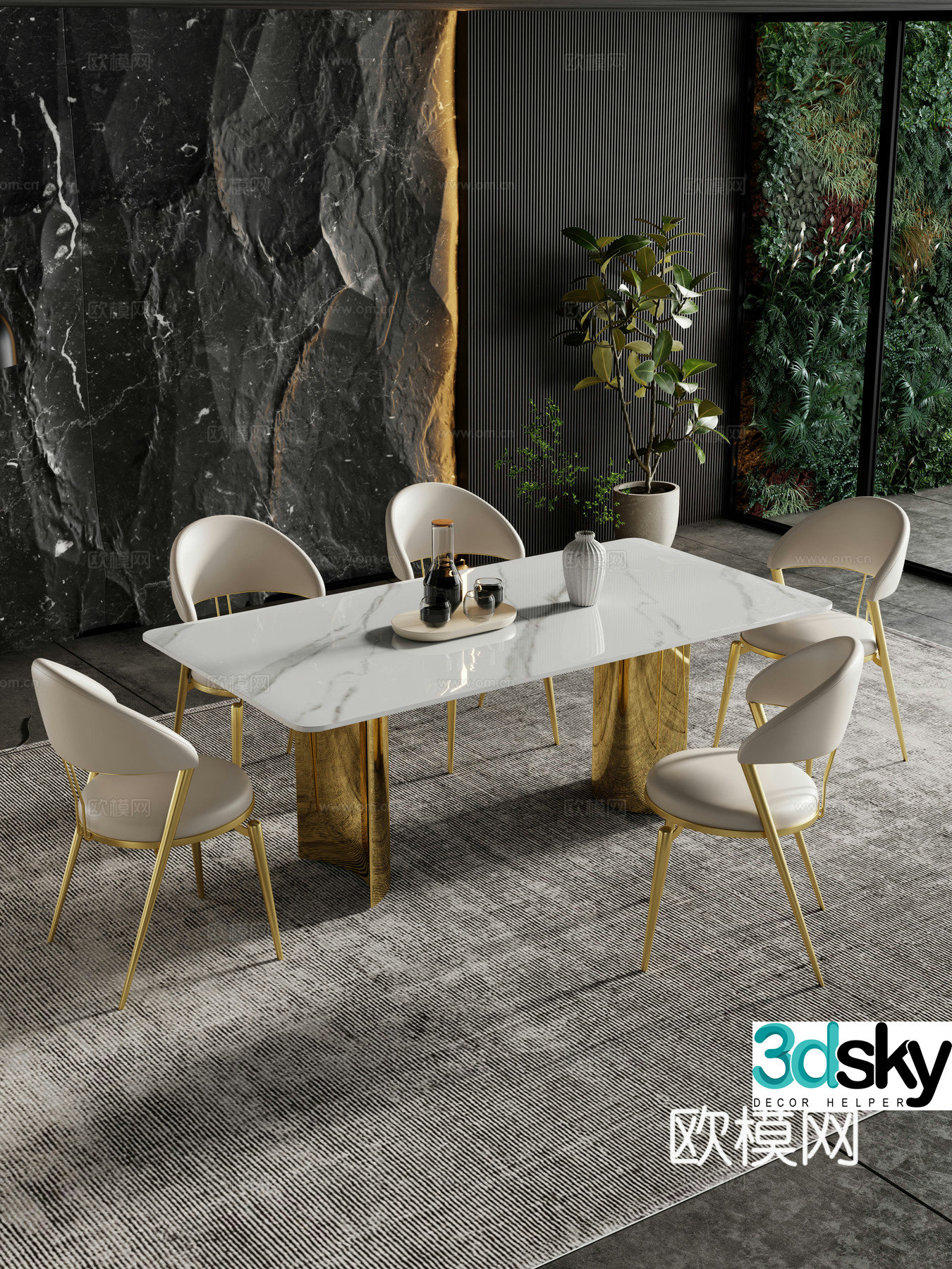 Italian restaurant dining table and chair combination rock table hanging painting decoration 3d model
