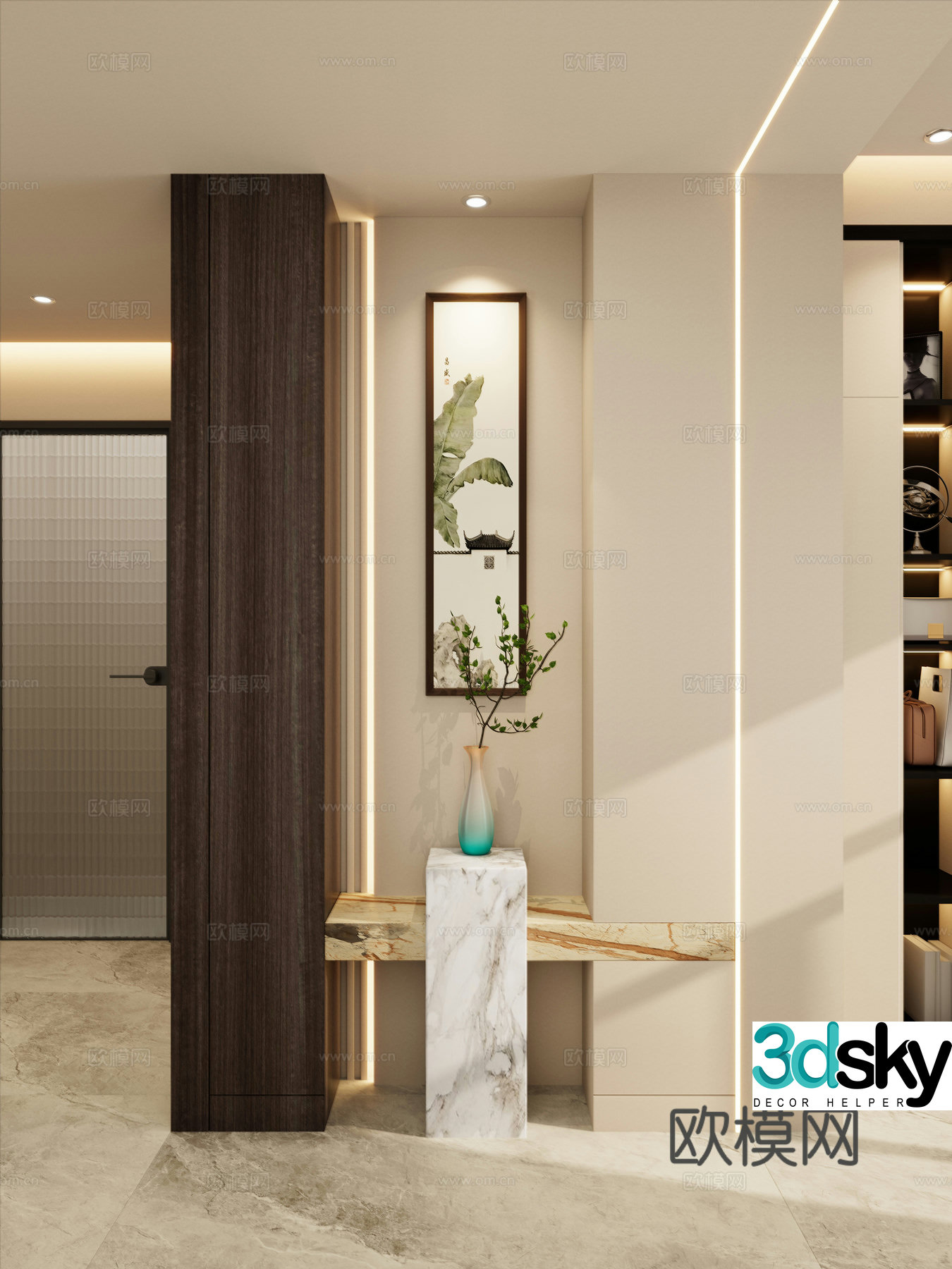 New Chinese style Zen style one-line light on the wall shoe cabinet end viewing platform rock slab platform entrance 3D model