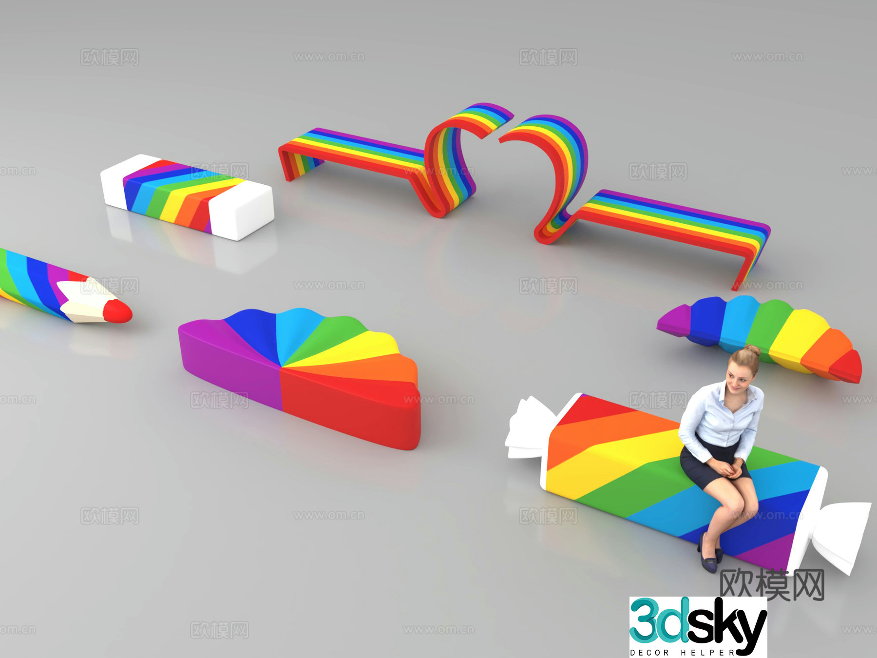 Rainbow chair Commercial street seat Pencil outdoor chair Commercial street beauty Chen Colorful entrance door 3D model