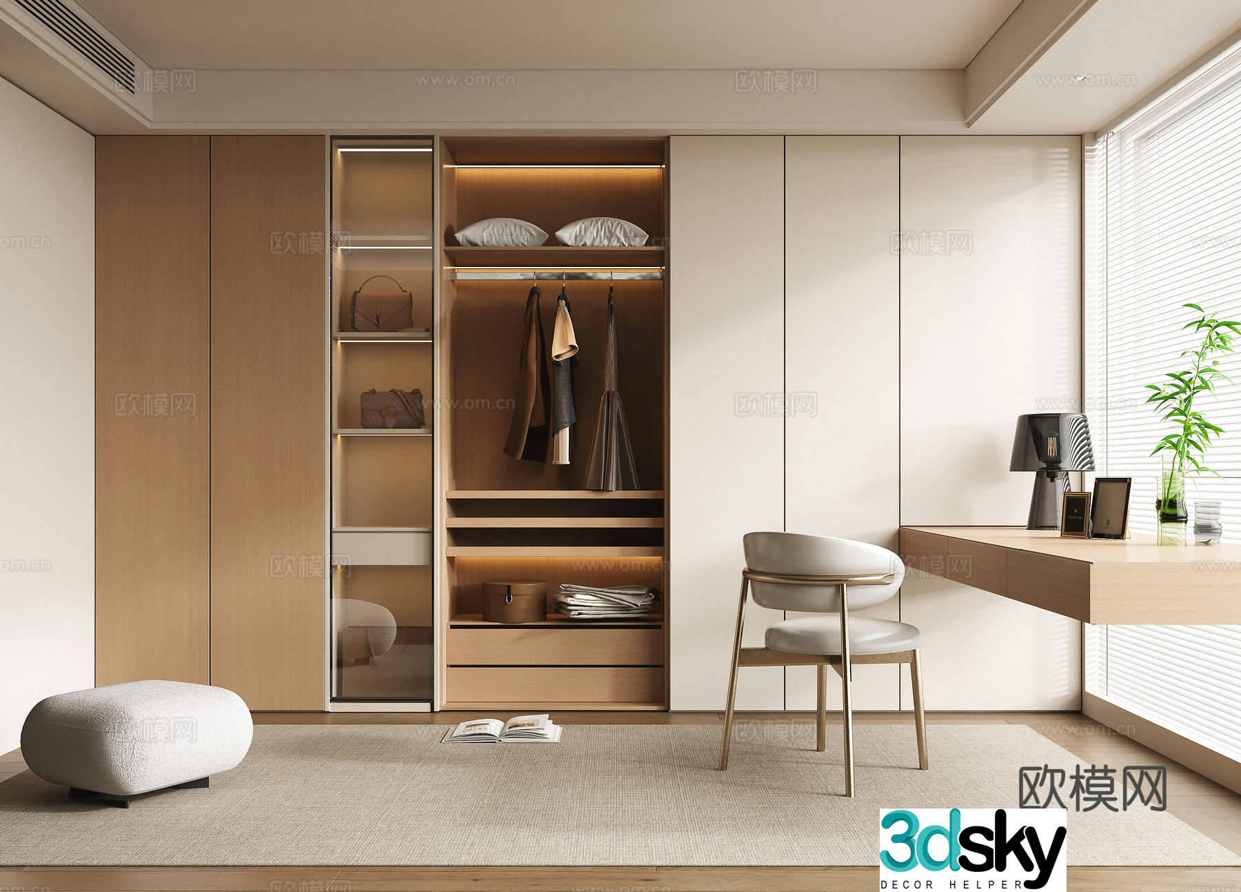Modern wardrobe dressing table wardrobe integrated cabinet accessories dressing stool casual stool 3D model