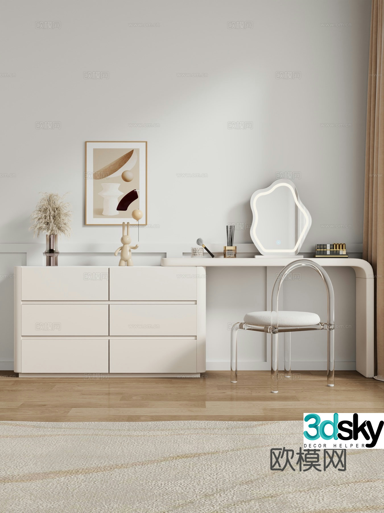 Cream style dressing table makeup stool combination dressing table makeup stool mirror decoration hanging painting 3D model