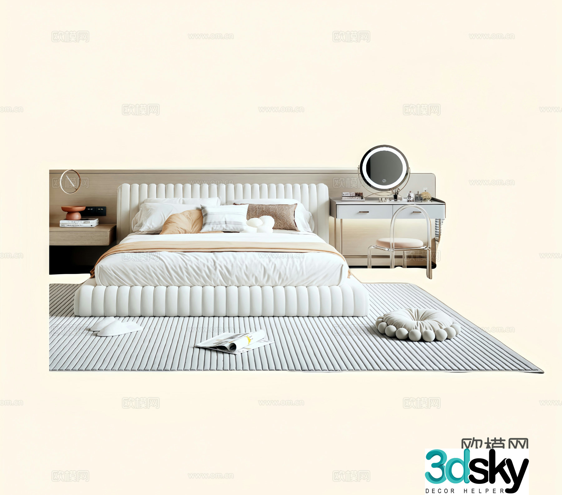 Modern cream style double bed carpet dressing table 3d model