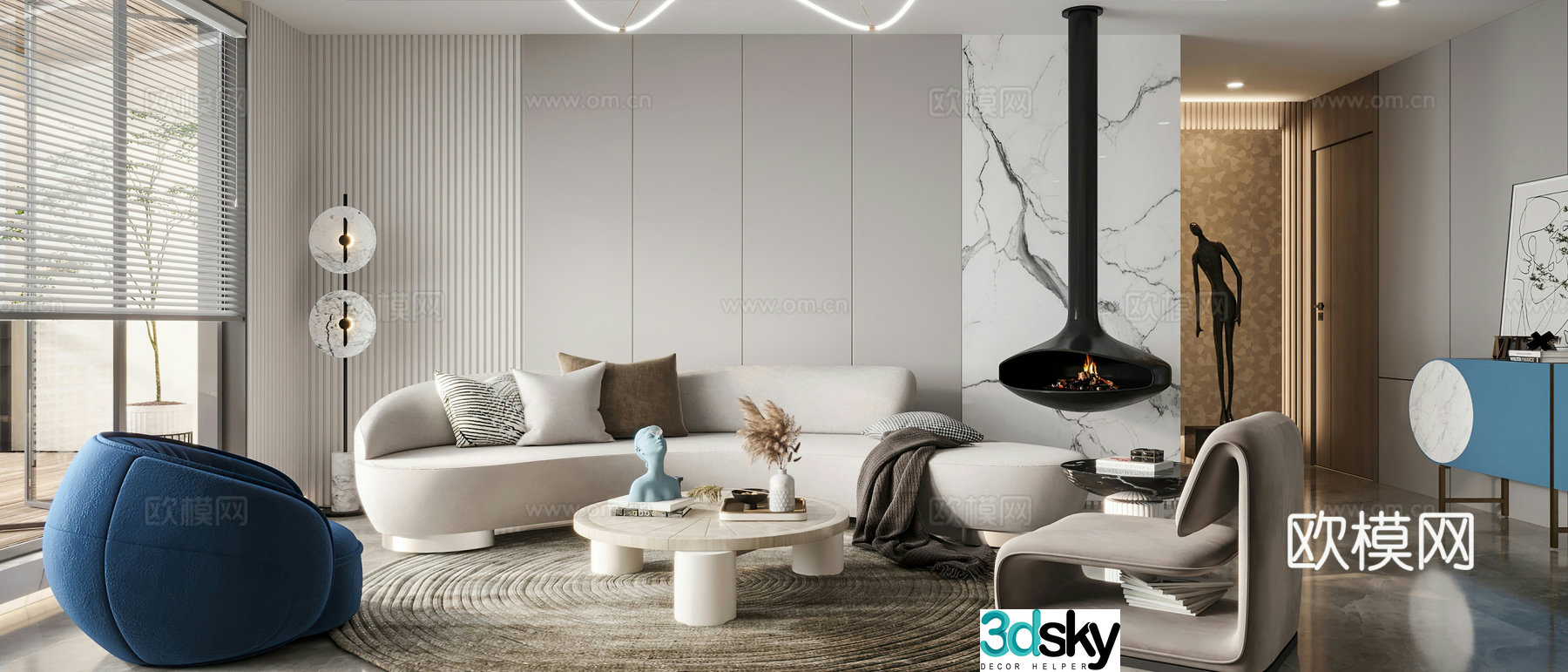 Modern living room Combination sofa Leisure chair Lazy sofa Entrance cabinet Decoration cabinet Hanging stove 3D model